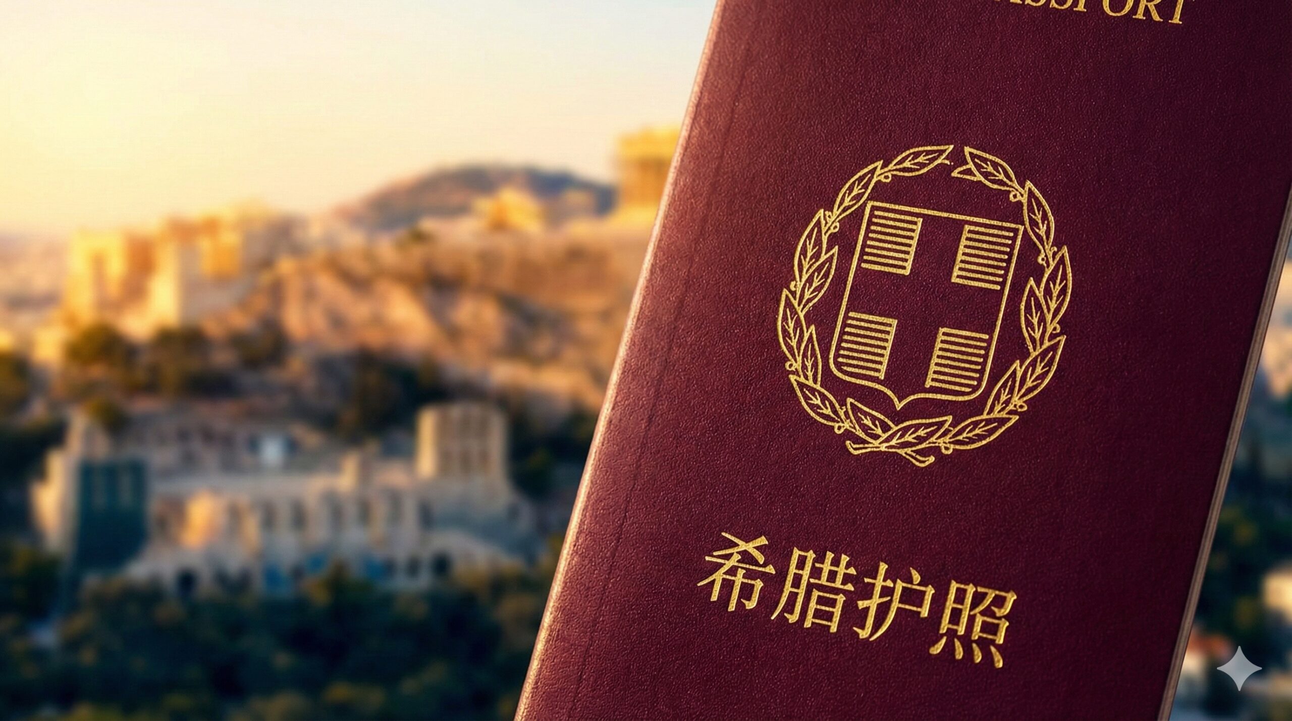 一张高质感的希腊护照特写图,作为封面展示。画面中央是一本酒红色的欧盟护照,金色的希腊国徽清晰可见,背景是虚化的雅典卫城(Acropolis)在金色夕阳下的壮丽轮廓。光线温暖而神圣,象征着通往欧洲的自由大门。整体构图大气、稳重,色彩以深红、金色和爱琴海蓝为主,突显出global-visa.top的专业性与高端移民服务的品牌形象,激发用户对欧盟公民身份的向往。