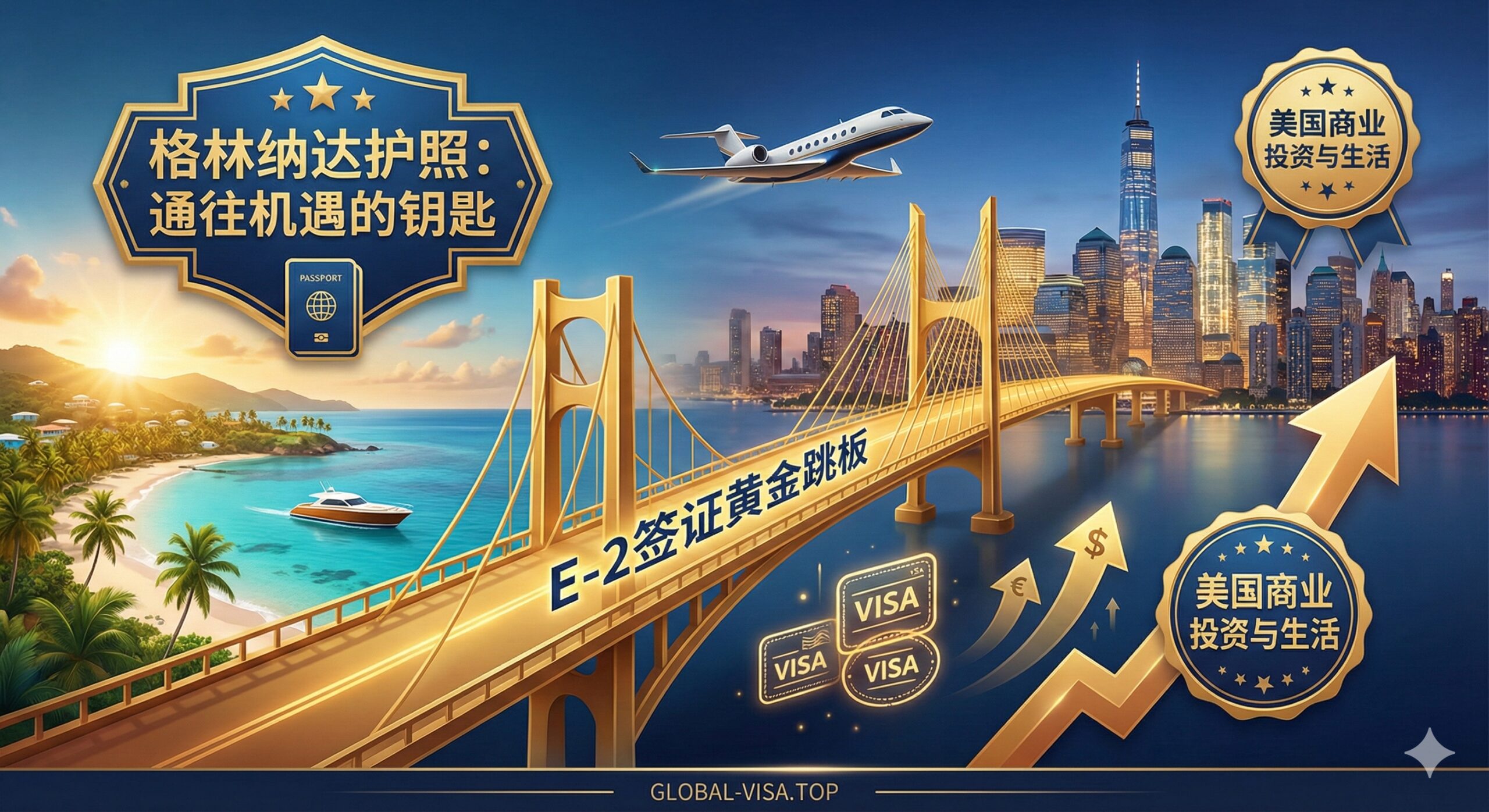 展示格林纳达护照作为通往美国E-2签证‘黄金跳板’的概念图。画面左侧是宁静优美的格林纳达海岛风光,右侧是繁华的美国大都市天际线(如纽约或迈阿密),中间通过一座抽象的金色光桥或连接线相连。视觉元素包括商务飞机、签证印章图标以及上升的箭头,色彩采用象征稳健的深蓝色与代表机遇的金色搭配,直观传达出通过投资入籍实现快速赴美的路径优势。