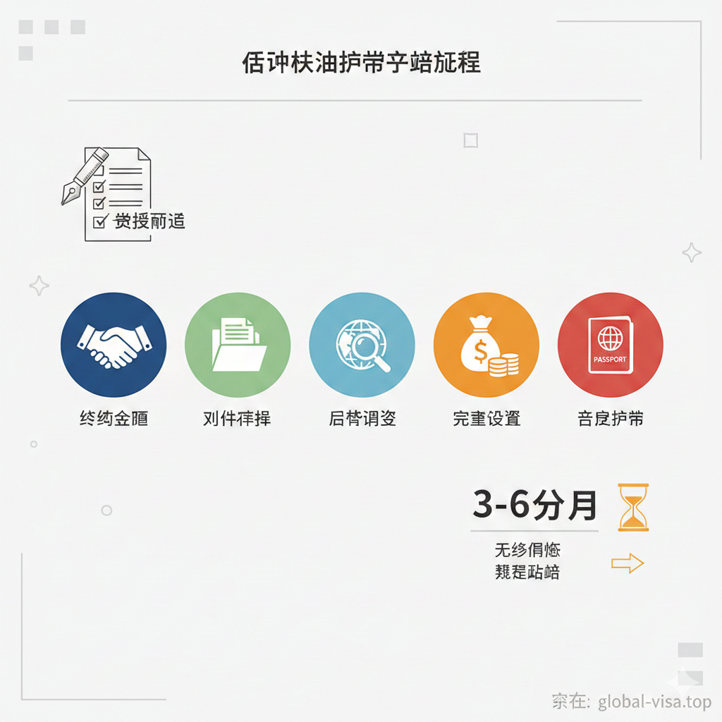 一张清晰的扁平化风格流程示意图,用于解释格林纳达护照的办理步骤。画面上按顺序排列着代表‘签约评估’、‘文件准备’、‘背景调查’、‘完成投资’和‘获得护照’的精美图标。背景为干净的米白色或浅灰色,配以专业的文具元素(如钢笔、审核打勾的清单),重点突出‘3-6个月’的时间周期提示,视觉风格严谨有序,帮助用户理解无移民监、无需登陆的便捷流程。