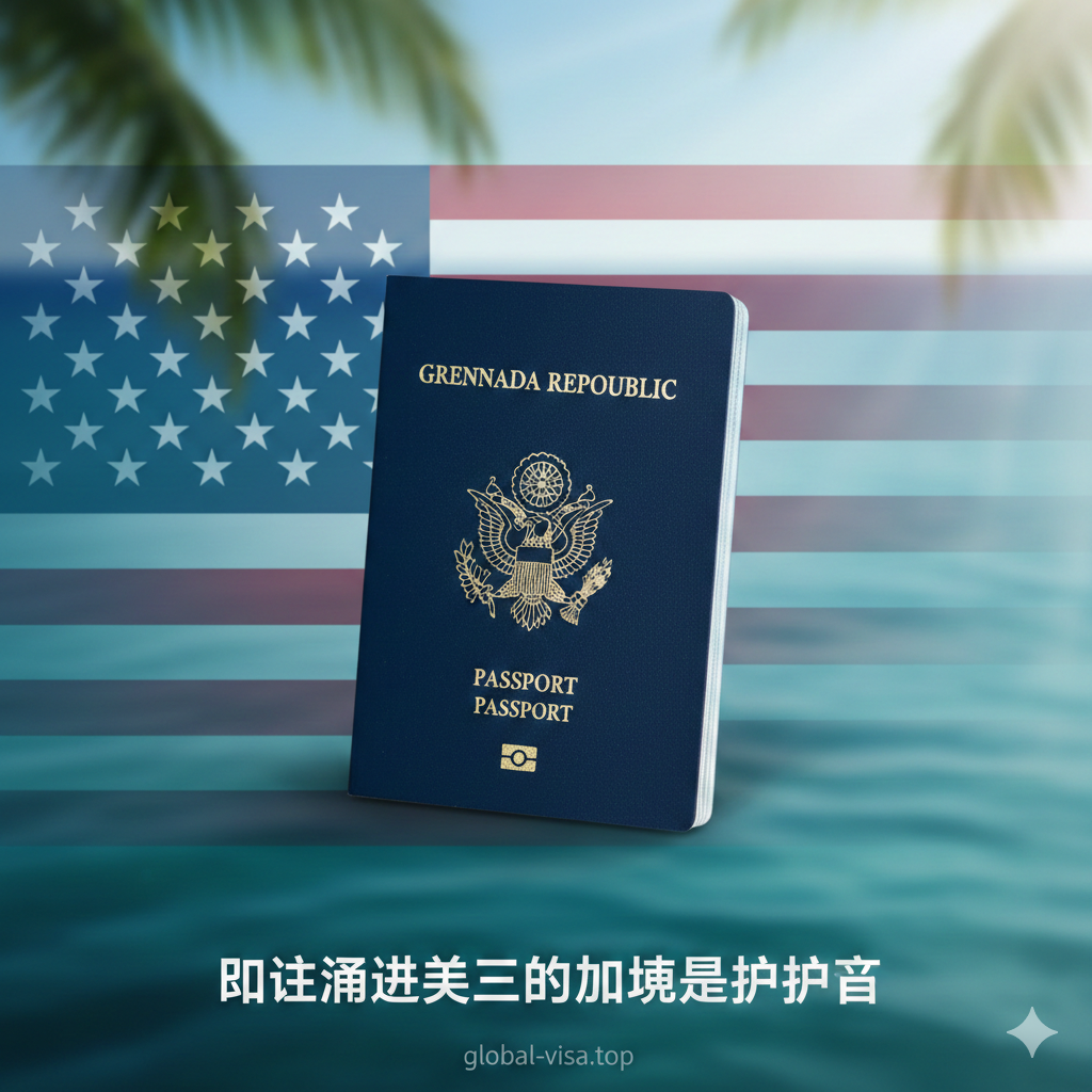 一张极具高端质感的封面图,画面中心清晰展示一本深蓝色的格林纳达护照,旁边隐约可见美国国旗的元素,象征着E-2签证的独特联系。背景采用虚化的加勒比海蓝绿色调,融合了热带棕榈树叶的阴影,营造出商务与度假相结合的氛围。光线柔和明亮,体现出global-visa.top网站的专业与信赖感,整体构图简洁大气,强调‘唯一通往美国的加勒比护照’这一核心主题。