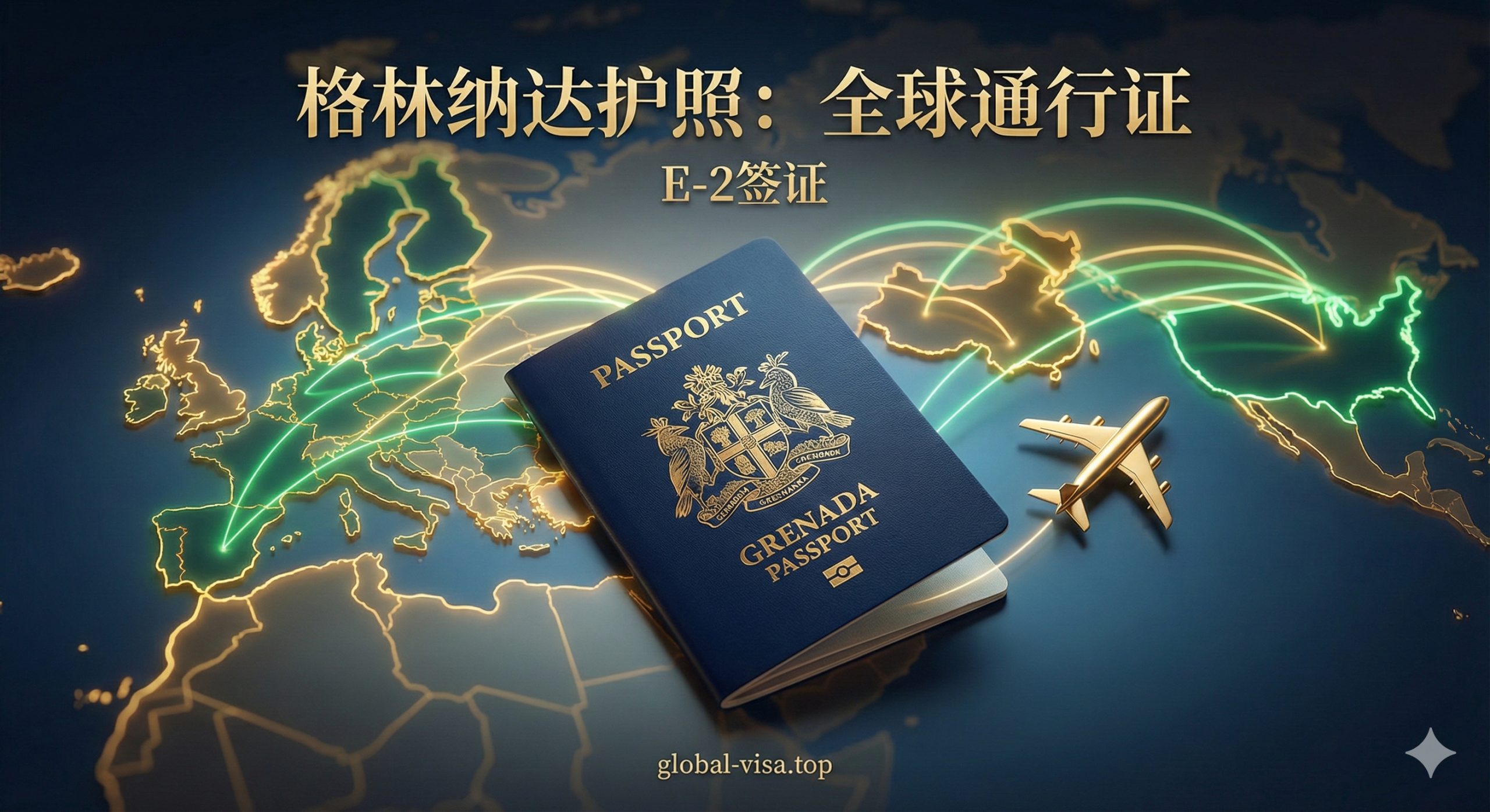 以格林纳达护照为视觉中心的封面图。画面主体是一本深蓝色或红色的格林纳达护照,半开着,背景是模糊处理的世界地图,地图上用金色或亮绿色线条突出了欧洲申根区、中国和美国的地理位置。在护照旁边放置一个象征飞行的金色飞机图标。整体风格现代、高端,色彩对比鲜明,突出“全球通行证”和“E-2签证”的关键词。强调全球连通性和高端身份感。