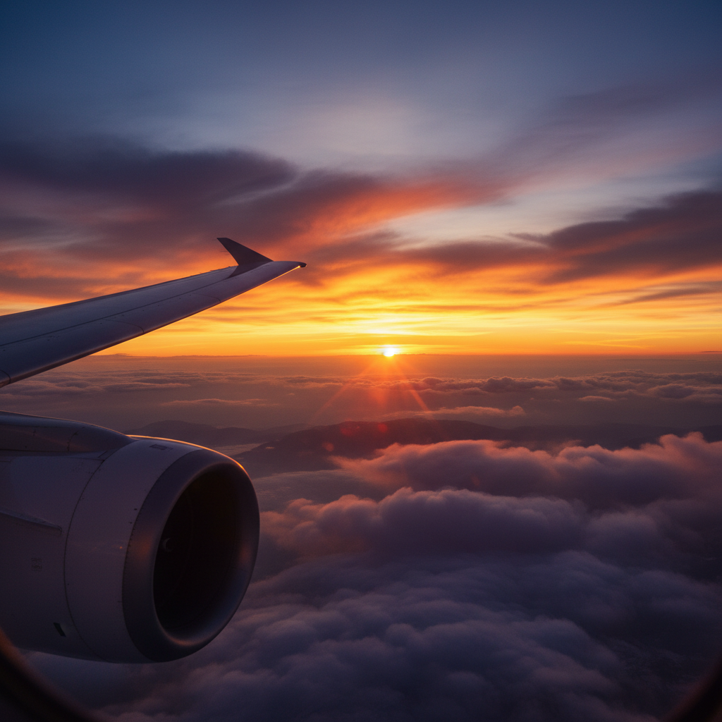 View from an airplane window at sunset