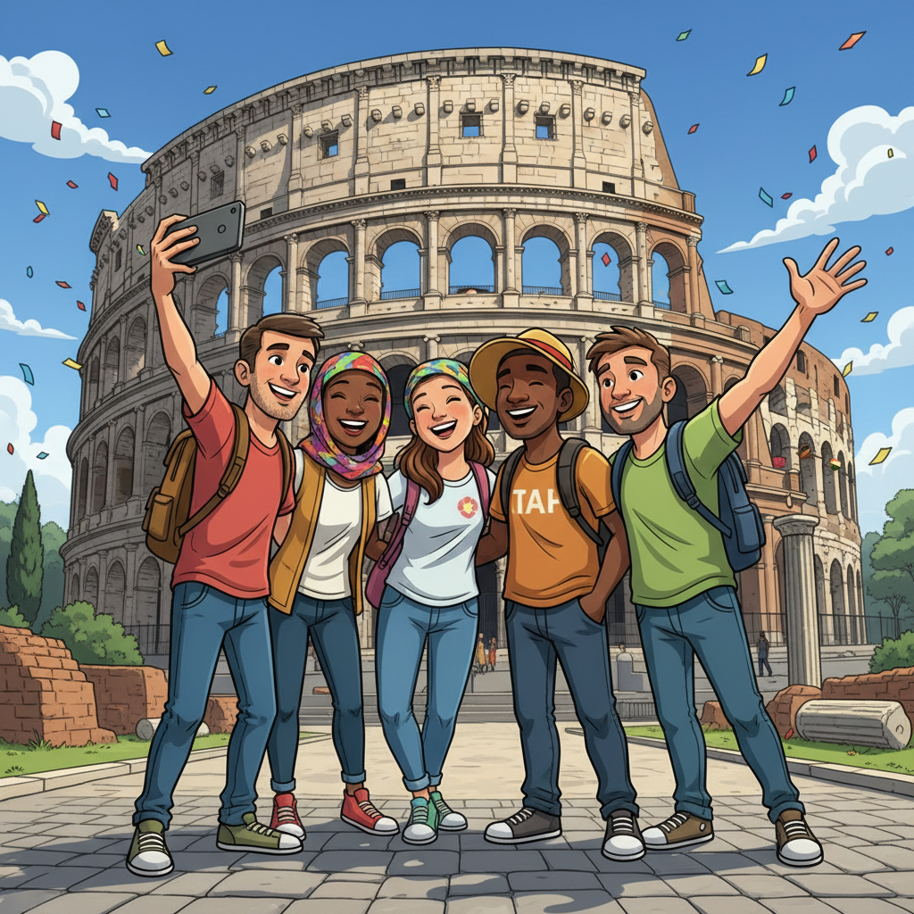 Happy tourists at the Colosseum in Rome