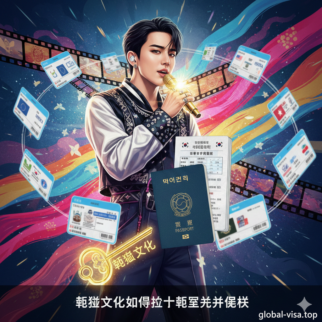 教程图,以韩流文化输出为主题。画面主体是象征性的韩流文化元素:一个穿着时尚的K-Pop偶像手持麦克风,背景是电影胶片和传统韩服的融合图案。在偶像周围,多张不同国家的签证标签(如申根签、美签ESTA)以虚化的方式漂浮,并最终汇聚到一本韩国护照上。强调文化软实力(韩流)如何作为“隐形钥匙”,打开外交和签证政策的大门。整体色彩鲜明、动态感强,融合时尚与传统。
