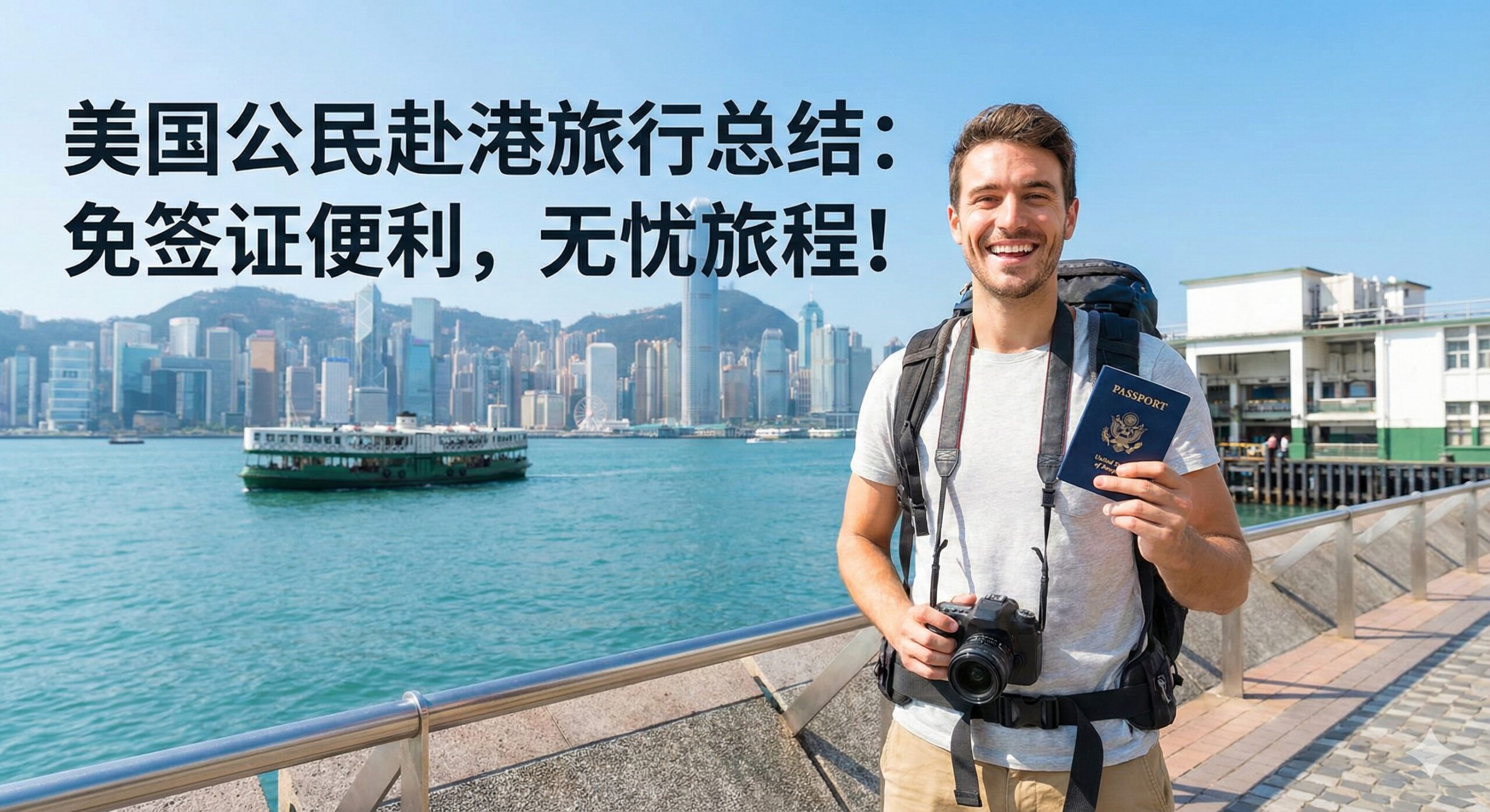 一张充满活力与正能量的旅行总结图。一位背着旅行背包的游客(暗示美国游客身份),站在香港尖沙咀海滨长廊,背景是壮丽的维港景色和天星小轮。人物手持美国护照和相机,面带微笑,享受轻松的旅程。画面色彩饱和度适中,阳光明媚,传达出准备充分后顺利入境、无忧无虑的旅行体验,呼应文章结尾的安心服务承诺。