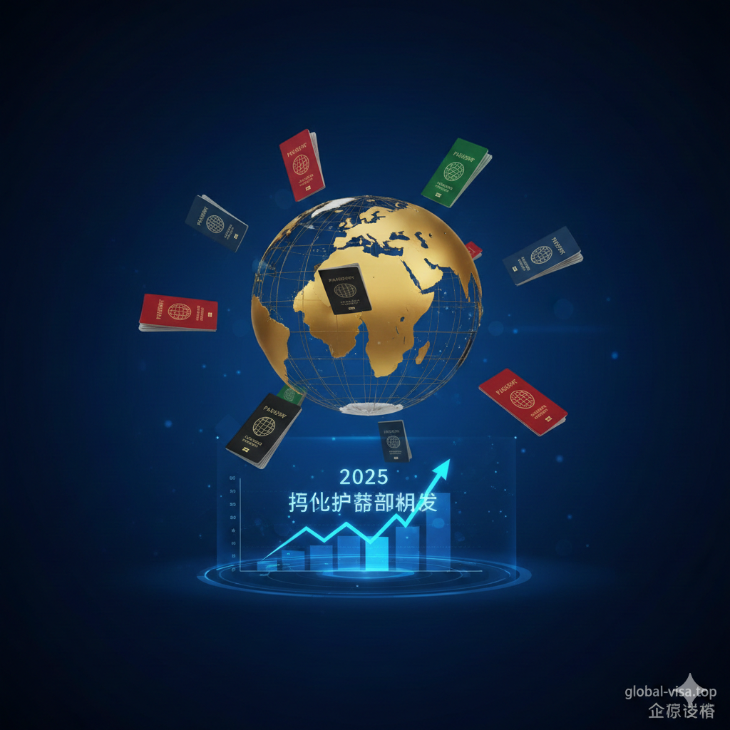 一张极具现代感和权威性的3D概念图，背景为深邃的科技蓝，中央悬浮着一个金色的地球仪，周围环绕着不同颜色的护照（红色、蓝色、绿色、黑色）如同卫星般运行。画面前景展示了全息投影的'2025 Henley Passport Index'字样和上升的数据图表，象征着全球通行自由度的变化。光线处理精致，营造出高端商务旅行和全球化的氛围，非常适合作为深度分析文章的封面。