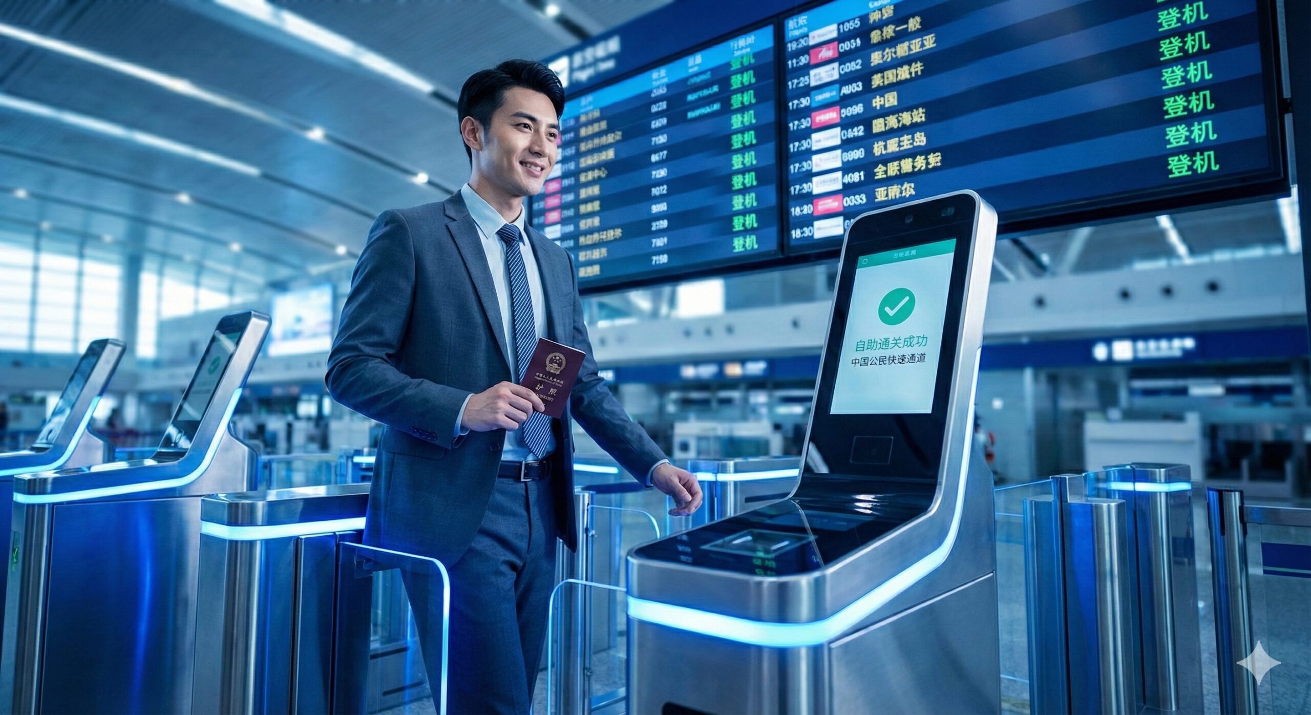 一张充满动感的机场场景图，展示中国护照的含金量提升。画面中一位商务旅客手持中国护照，自信地通过现代化的电子自助通关闸机（Smart Gate）。背景是模糊的机场航班显示屏，显示前往世界各地的航班状态为“Boarding”。色调以科技蓝和金属银为主，传达出高效、快捷和国际化的感觉，象征着排名的上升和通行的便利。