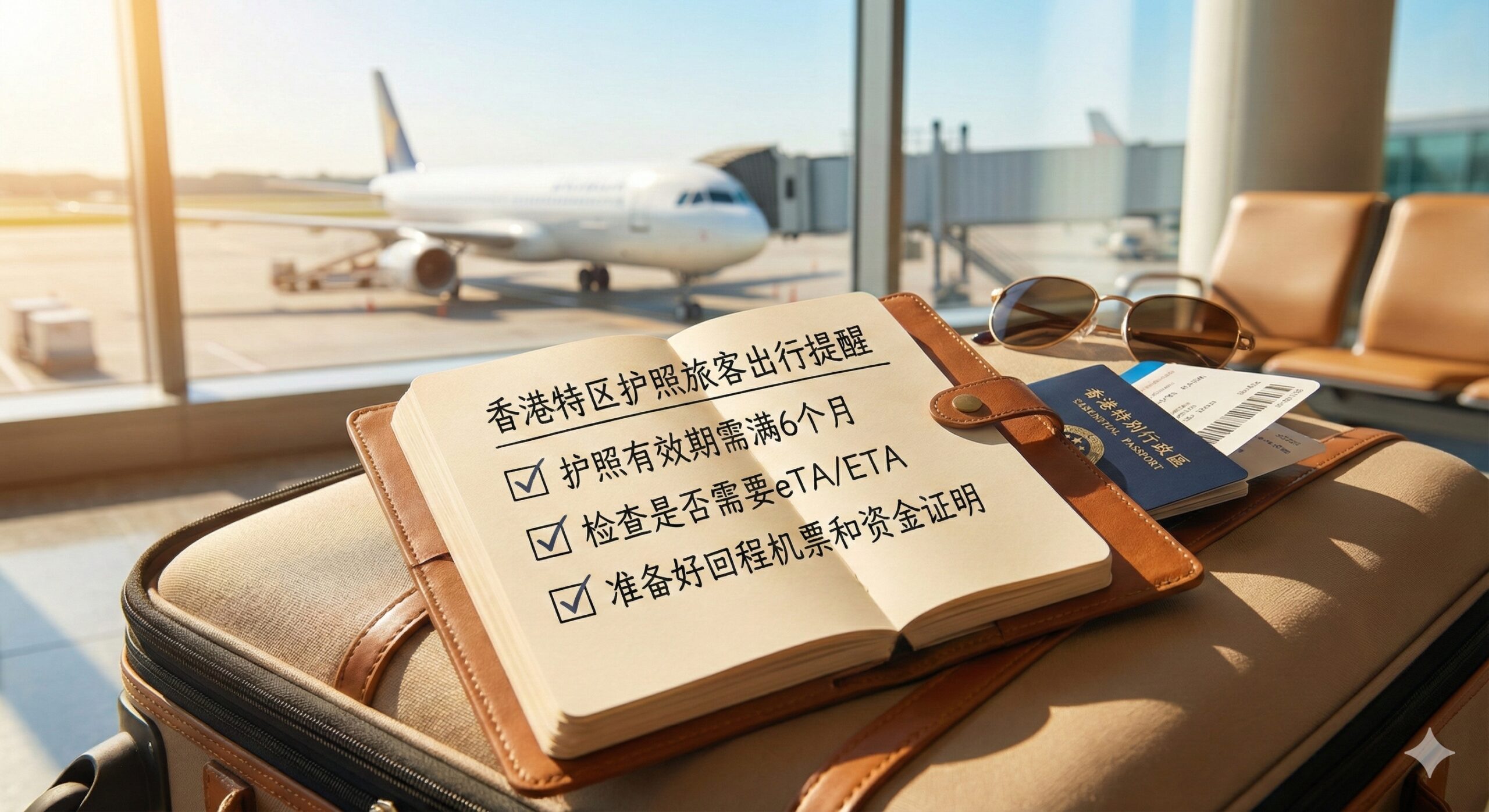 一张总结性的图片,用于提醒旅客出行前的注意事项。画面设计成一个旅行清单 (Checklist) 的风格,列出最重要的三条建议:“护照有效期需满6个月”、“检查是否需要eTA/ETA”、“准备好回程机票和资金证明”。背景可以是一个充满阳光的机场候机大厅或一个准备出发的行李箱。画面需给人以安心、有序的感觉,采用温暖的色调,提醒读者在享受旅行自由的同时,也要做好充分准备。