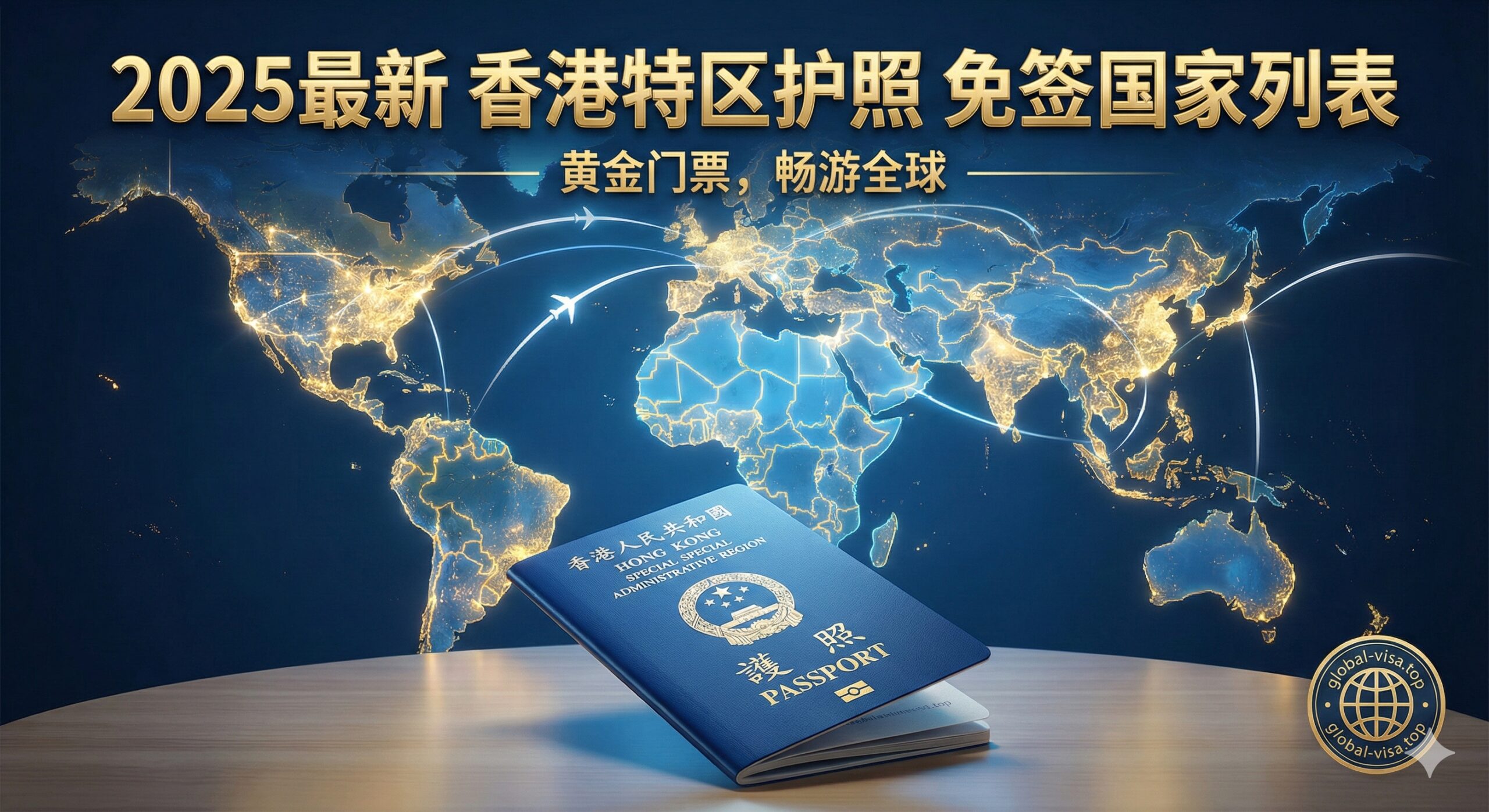 一个视觉冲击力强的封面图,主题为“香港特区护照免签国家列表”。画面中心应是一本简洁且现代感的香港特区护照,背景是一张世界地图,使用明亮且鲜艳的色彩高亮显示所有对香港护照免签的国家和地区(即170+个目的地)。地图上可以有飞机的飞行轨迹线条,象征自由出行。整体风格应高端、专业,并用醒目的中文标题“2025最新”和“黄金门票”等字样增强吸引力,色彩以蓝色、金色和白色为主,体现权威性和价值感。