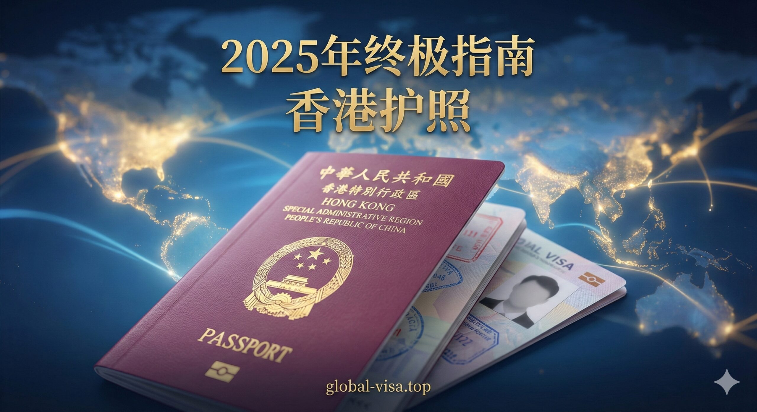 一张吸引眼球的封面图,主体是摊开的香港特别行政区护照(HKSAR Passport),突出其紫红色封面和中国国徽。背景是一个柔和虚焦的全球地图或地球仪,上方以金色或白色叠印'2025 ULTIMATE GUIDE'和'香港护照'字样。整体风格现代、高端,色调以紫红、金、蓝为主,象征国际通行和权威性。构图居中,光线明亮,旨在立刻抓住读者注意力。