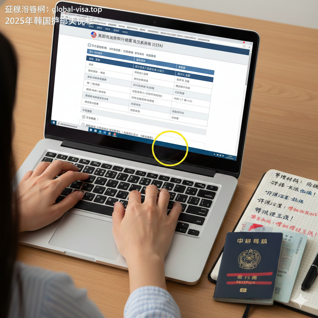 一张侧重于实操教程的图片，视角为第一人称俯视。画面显示一双手正在键盘上操作，电脑屏幕上显示着填写详细个人信息的表格界面。旁边放置着做满笔记的旅行手账本和标注了重点的护照页。构图强调专注与细致，关键区域（如护照号码栏、安全问题栏）有高亮光圈效果，寓意着'手把手教你填表'和'避免错误'的教学主题，色调温暖清晰。