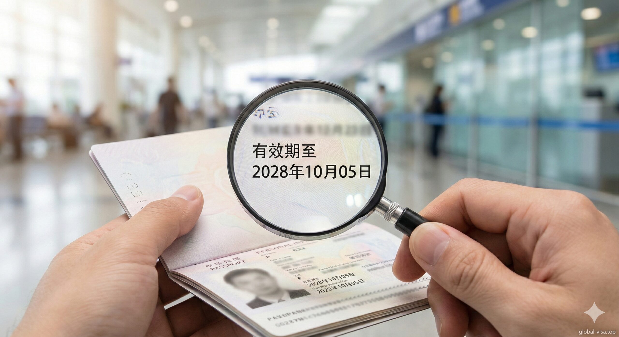 一张微距摄影风格的特写图片,聚焦于护照个人信息页的细节。画面中一只手拿着放大镜,正对准'有效期至 / Date of expiry'这一栏的日期,清晰地展示出日期的位置。背景是模糊的机场航站楼或海关柜台,光线明亮清晰。图片旨在教导用户如何查找关键日期,风格写实且具有引导性,消除用户找不到日期的困惑。