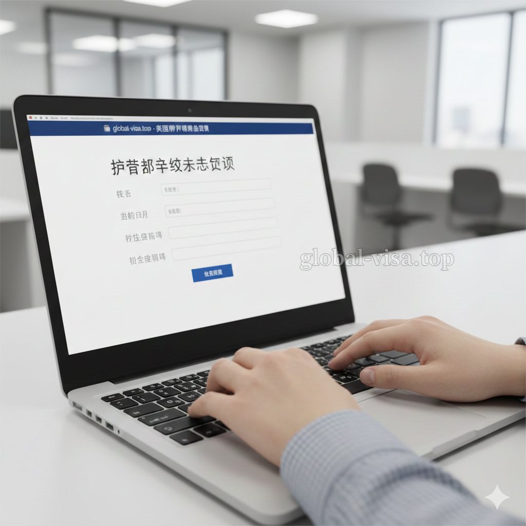 第一人称视角的特写照片，展示一双用户的手正在现代笔记本电脑键盘上打字。焦点位于屏幕上（屏幕内容经过模拟处理），显示一个'护照申请状态'的查询表单界面，可以模糊看到'Last Name'（姓氏）、'Date of Birth'（出生日期）和'SSN'（社安号）等输入字段。图像应捕捉行政办公的专注氛围，采用柔和的办公室照明和浅景深效果，突出数据输入的动作。