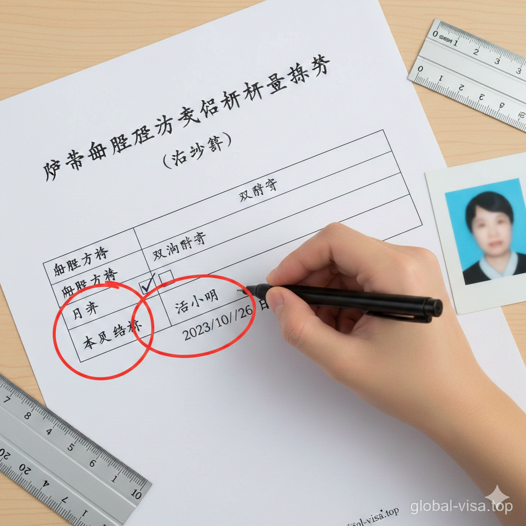 一张俯视角的实拍教学图，聚焦于一只手拿着黑色签字笔，正在表格上的'双向邮寄'选项框内打钩。画面重点突出'本人签名'和'日期'栏目，并用视觉引导线或高亮圈注出关键填写区域。旁边放置着一把尺子和一张裁剪好的2寸白底证件照，模拟真实的填表场景。构图清晰直观，旨在指导用户如何正确填写以避免退件。