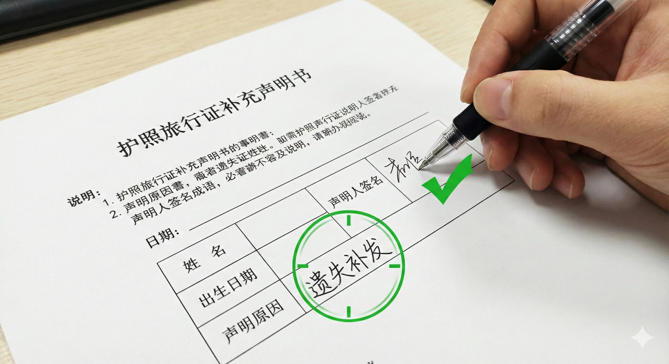An instructional close-up shot focusing on the details of filling out a form. A hand holding a black gel pen is poised to write on the 'Supplementary Statement' paper, specifically hovering over the 'Signature' or 'Reason' section. Green checkmarks or focus circles are artistically superimposed to highlight correct filling areas. The depth of field is shallow, blurring the background to keep attention on the form and the pen, representing the detailed step-by-step guide.