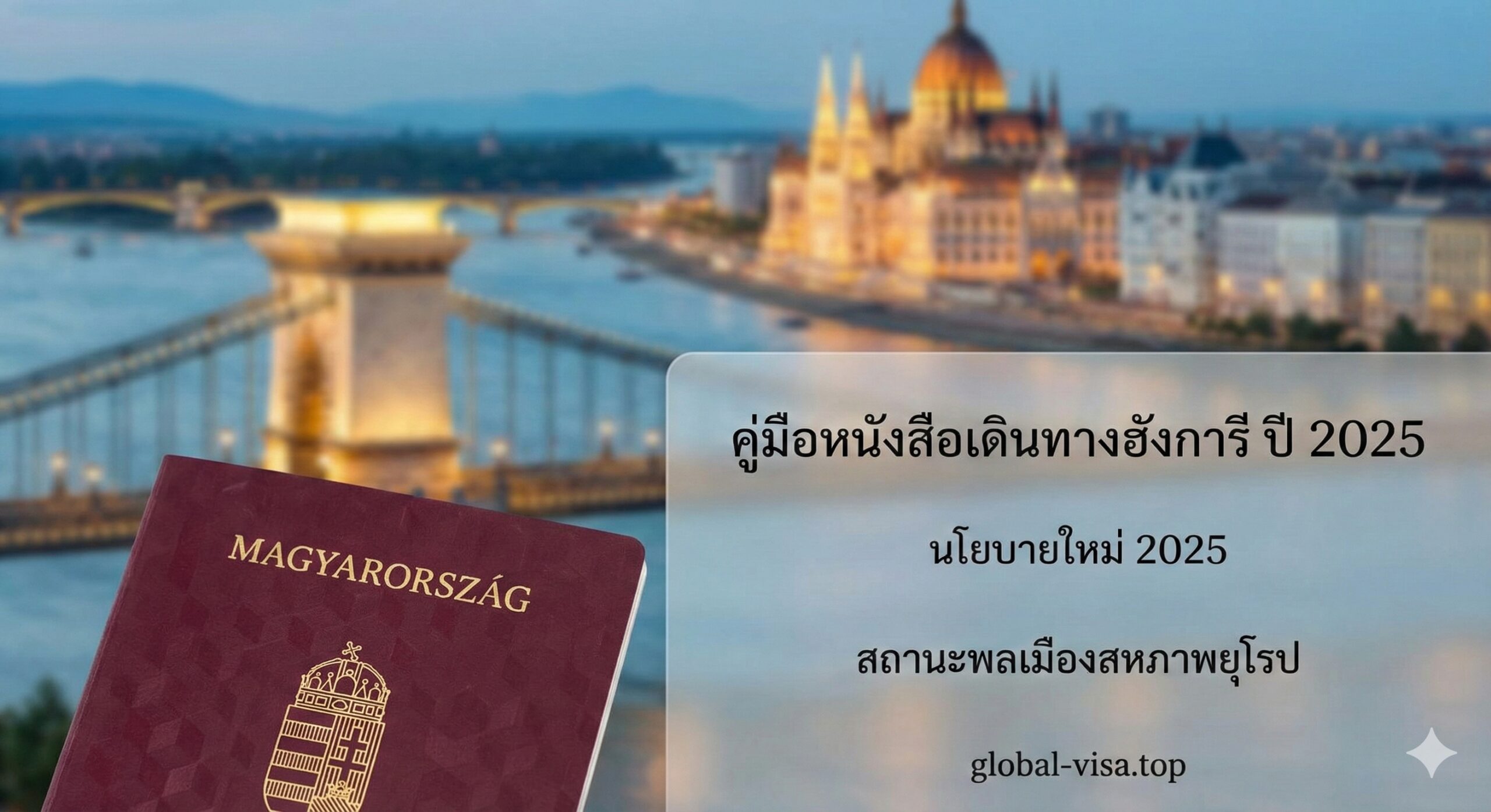 ภาพปกบทความที่แสดงภาพพาสปอร์ตฮังการีระยะใกล้ พร้อมตราสัญลักษณ์สหภาพยุโรปและฮังการี โดยมีฉากหลังเป็นทิวทัศน์เมืองบูดาเปสต์ในโทนสีทองและน้ำเงินที่ดูหรูหรา พร้อมข้อความโปร่งแสงเน้นคำว่า "2025 Policy" และ "EU Status"