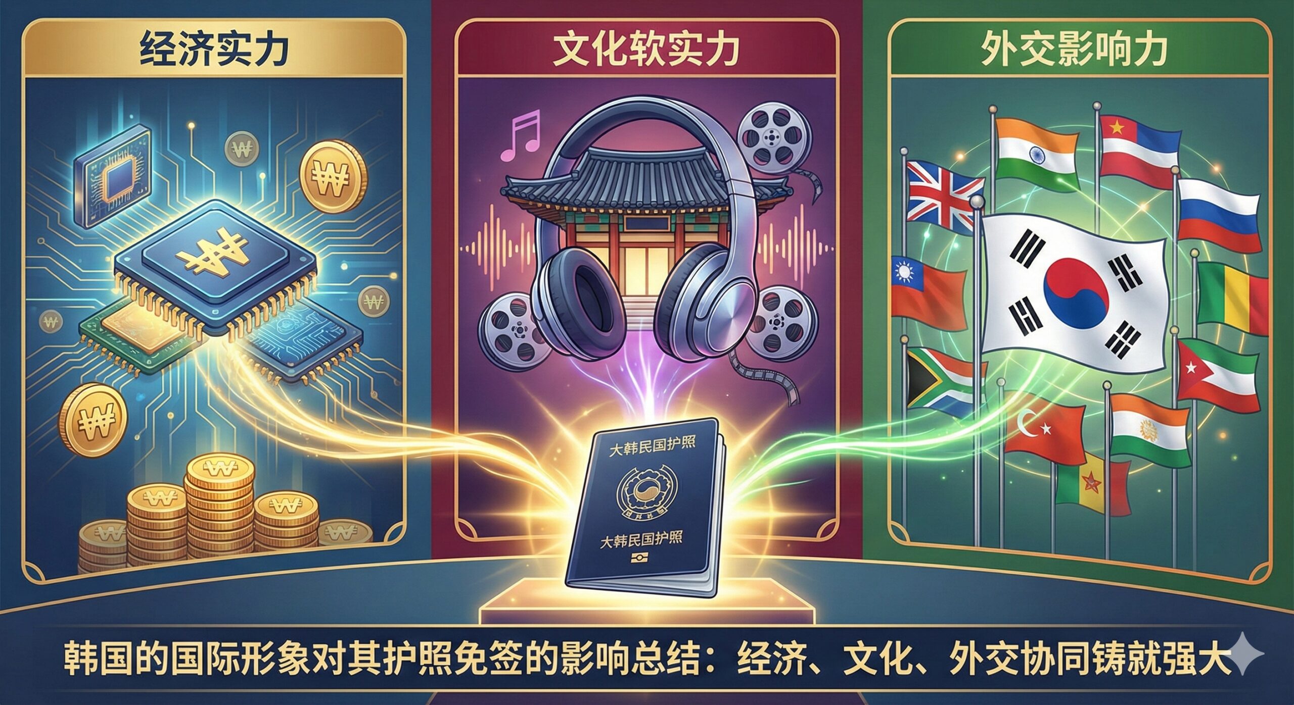 总结图,概括护照含金量是“钱袋子”和“面子”的结合。画面采用三联画或并置构图:左侧是经济主题(韩元符号、芯片电路板),中间是文化主题(韩国传统屋顶与现代耳机),右侧是外交主题(韩国国旗与多国国旗组成的旗阵)。三者共同汇聚于前景的一本韩国护照上。象征经济、文化、外交三要素协同发力,共同铸就韩国护照的强大。整体构图平衡,色彩丰富,具有强烈的总结性和说服力。