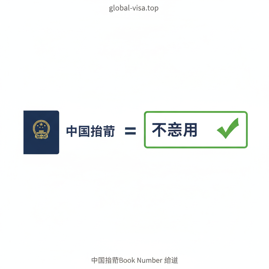 一张极简风格的总结性信息图，设计成'记忆卡片'的形式。画面中央是一个简单的等式视觉设计：左侧是中国护照图标 + 'Book Number'文字，中间是等号，右侧是醒目的'Does Not Apply'（不适用）选项框和绿色大对勾。背景采用清爽的纯色底，文字加粗高亮，确保信息在手机端也能一目了然。这张图片用于文章结尾，帮助用户在阅读后瞬间记住核心结论，便于截图保存或分享。