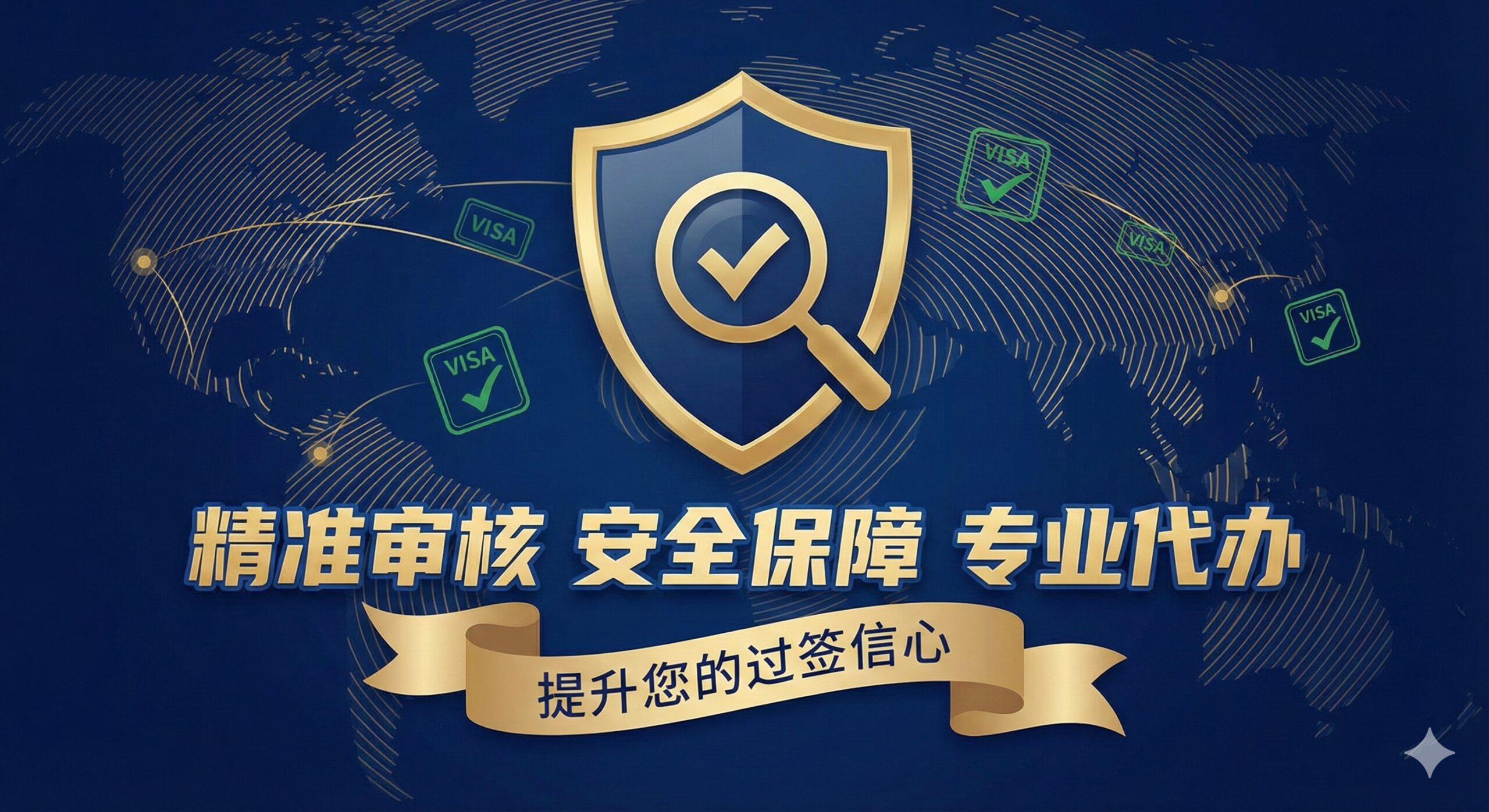 一张体现global-visa.top专业服务优势的概念插图。画面融合了全球地图的抽象线条与代表签证获批的绿色印章元素。前景展示一个盾牌形状的图标，内部包含放大镜和对勾，象征着对签证表格填写的精准审核与安全保障。色彩使用代表信任的深蓝色和金色搭配，营造出权威、可靠的氛围。该图旨在传达平台不仅提供信息，还能提供专业的代办和审核服务，提升用户的过签信心。