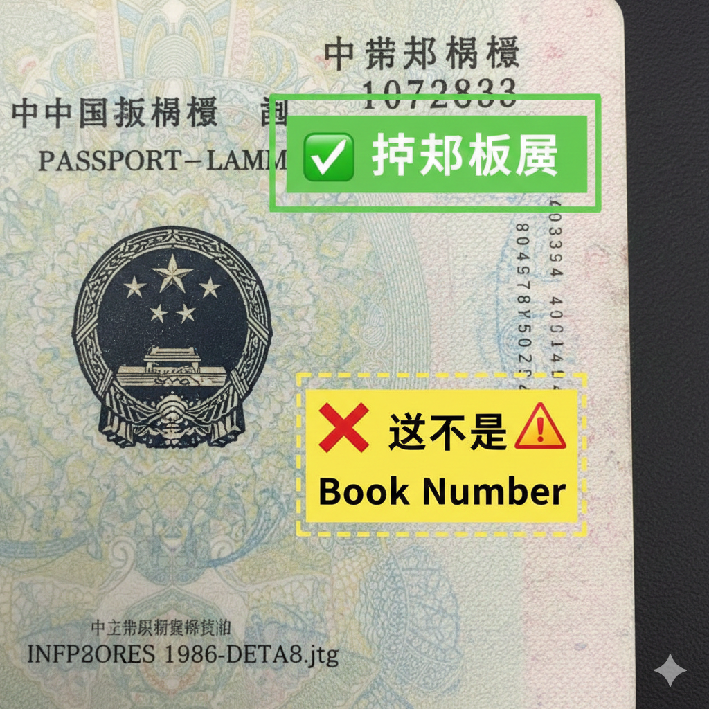 一张高清晰度的护照内页详解图，特写展示中国护照个人信息页的关键部位。图片通过醒目的视觉引导线，将右上角的'护照号码 (Passport Number)'用绿色高亮框选，并标注'正确填写的号码'；同时将页面右侧边缘竖排的小号数字（库存控制码）用黄色虚线框选，并打上红色叉号或警示图标，标注'这不是Book Number'。背景保留护照底纹的防伪质感，通过对比强烈的图解方式，直观地纠正用户的常见认知误区。
