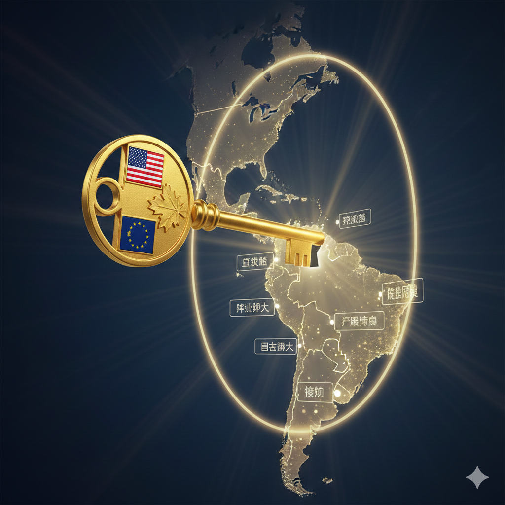 一张富有隐喻义的创意图片,展示'有条件免签'的特权。画面中央是一把设计精致的金色钥匙或通行证,上面印有美国签证、申根签证和加拿大签证的标志。这把钥匙正在'解锁'一张包含墨西哥、菲律宾、巴拿马等国家的拉丁美洲和亚洲地图。光影效果呈现出一种'隐藏关卡被开启'的高级感,暗示持有这些强国签证能极大地扩展中国护照的通行范围。