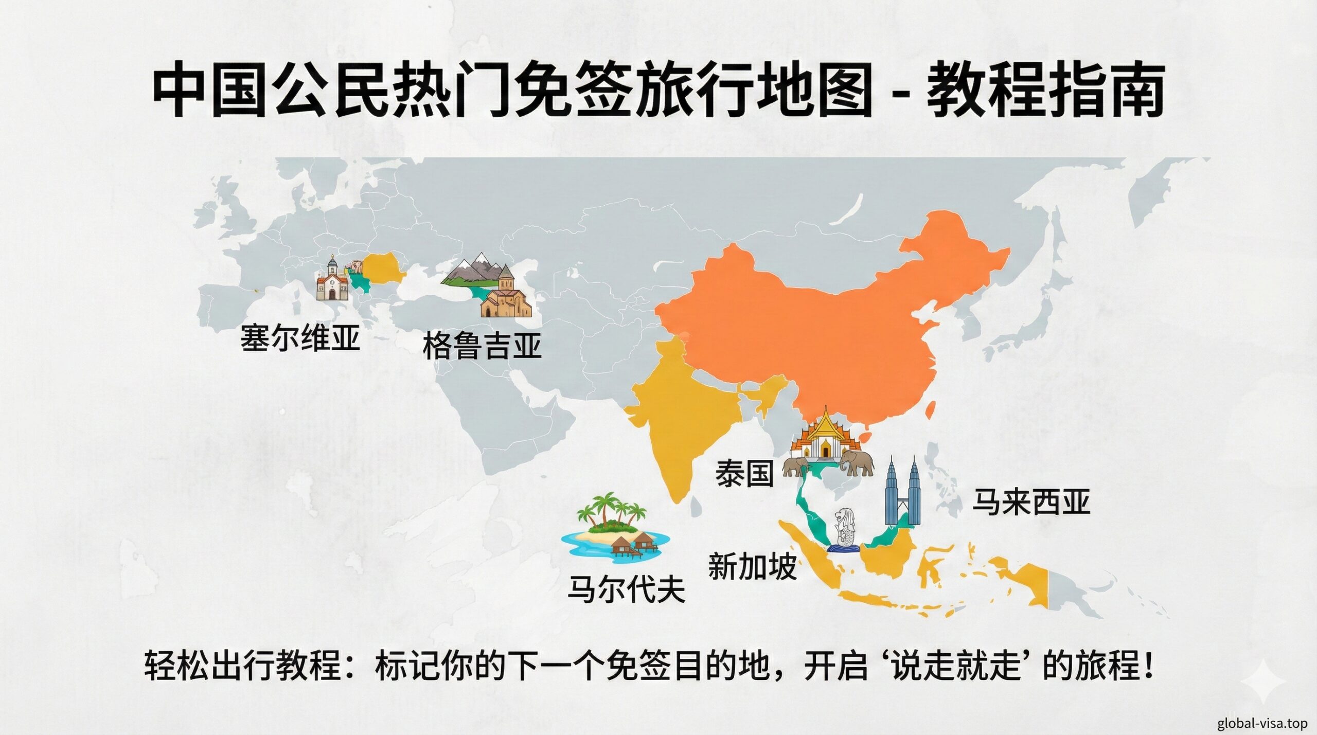 一张精美的旅行地图插画,重点高亮中国公民的热门免签目的地。地图上用鲜明的亮色标注出泰国、新加坡、马来西亚、马尔代夫、塞尔维亚和格鲁吉亚等国家。每个国家上方悬浮着代表性的微缩地标(如鱼尾狮、双子塔、热带海岛椰林)。背景简洁干净,采用淡雅的浅灰色调,突出彩色的国家板块,视觉焦点清晰,营造出'说走就走'的轻松旅行氛围。