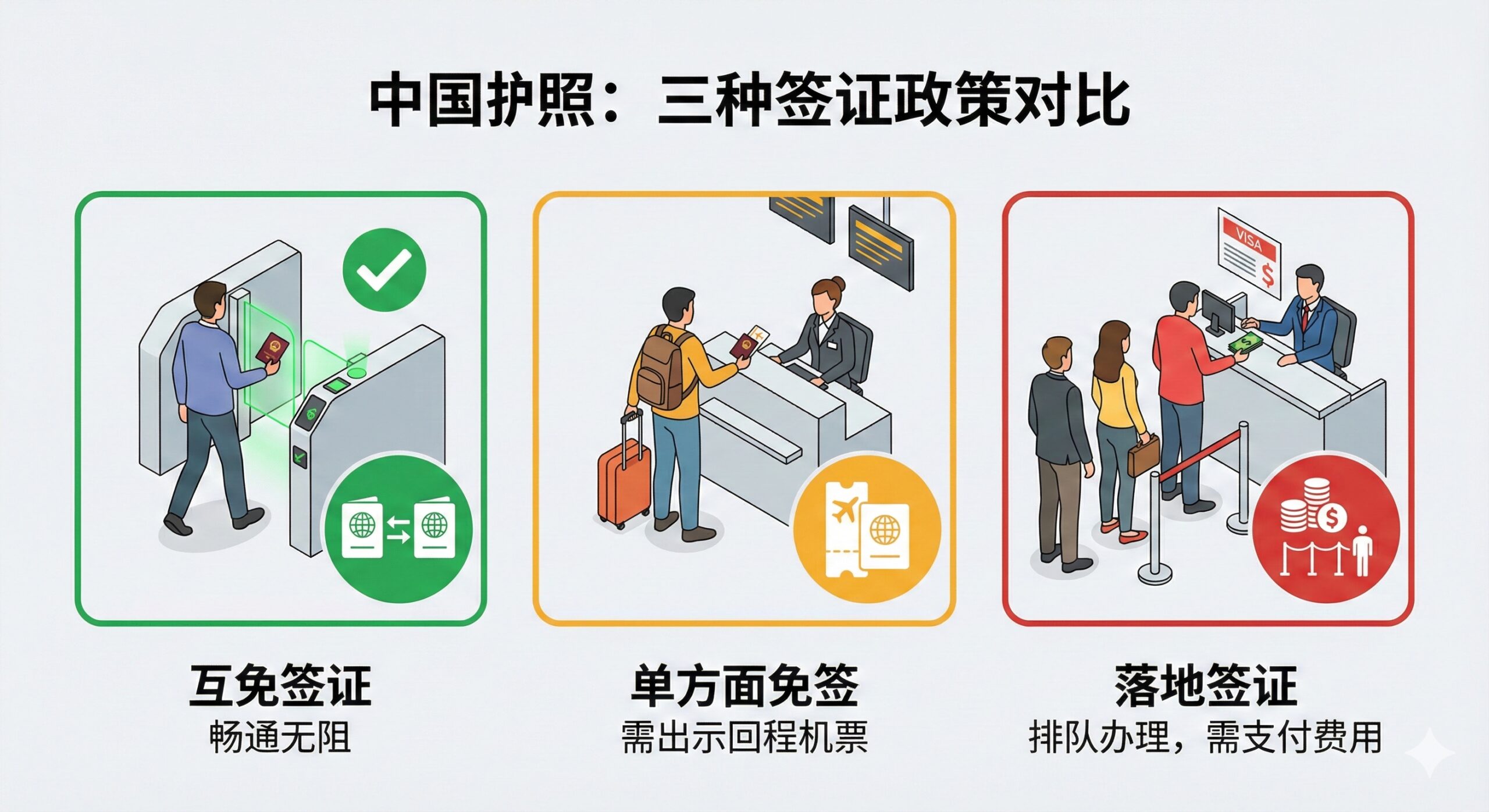 一张清晰的信息图表风格图片,旨在视觉化区分'互免签证'、'单方面免签'和'落地签证'三个概念。画面左侧展示畅通无阻的绿色通道闸机(代表互免),中间展示需出示回程机票的柜台(代表单方面免签),右侧展示排队和美元支付的场景(代表落地签)。色彩运用红绿黄三色区分便捷程度,配以简洁的扁平化图标(印章、机票、美元符号),帮助用户一眼看懂签证政策差异。
