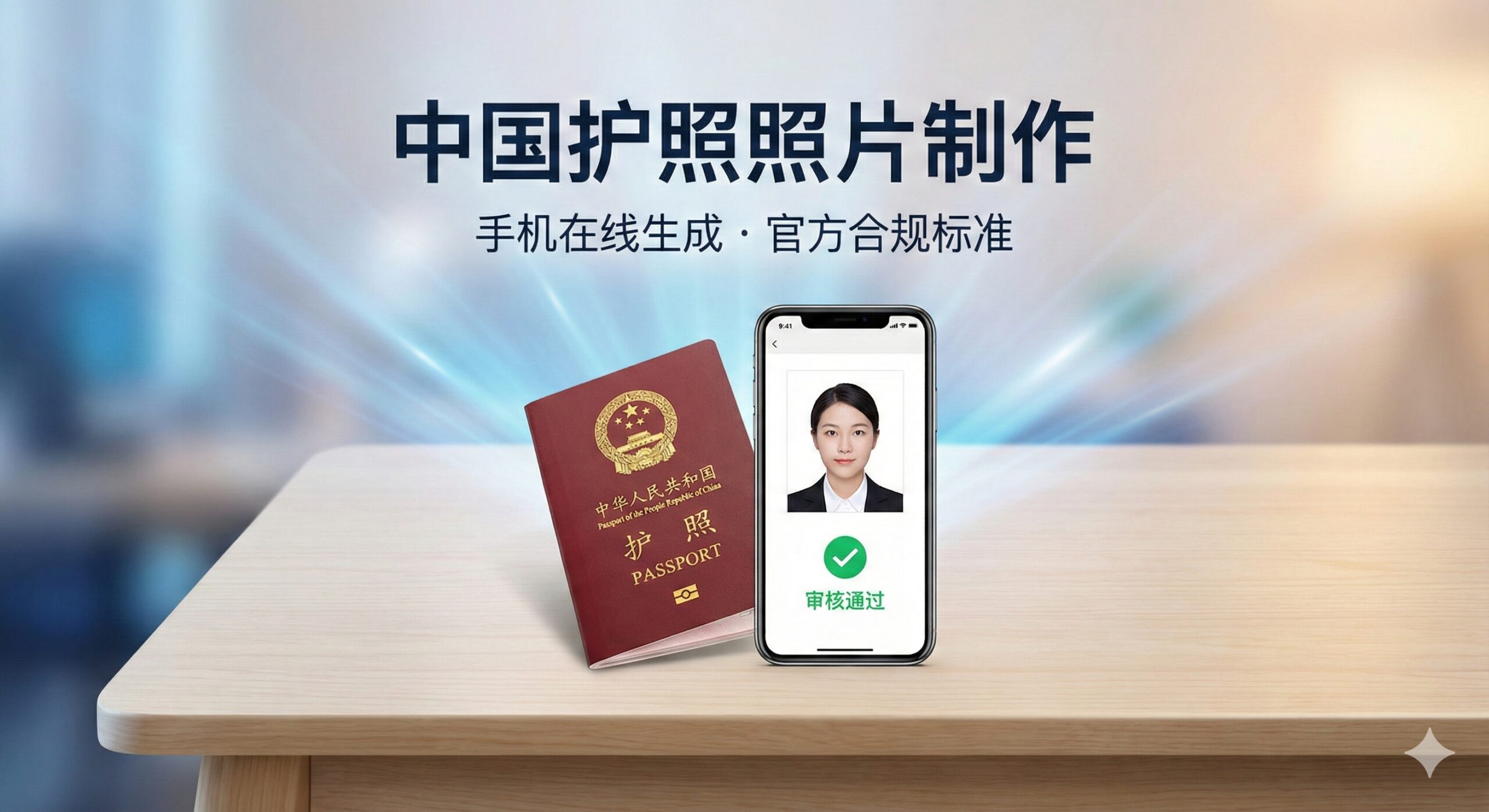 一张极具专业感的封面图，画面中心是一本红色的中国电子护照（E-Passport）放置在简洁的浅色桌面上，旁边是一部现代智能手机，屏幕上清晰展示着一张刚制作完成的、背景纯白的标准中国护照证件照，屏幕界面上有一个绿色的审核通过对钩图标。背景采用柔和的科技蓝与暖光结合，营造出高效、官方认证的氛围，同时突出‘手机制作’与‘官方合规’的主题。