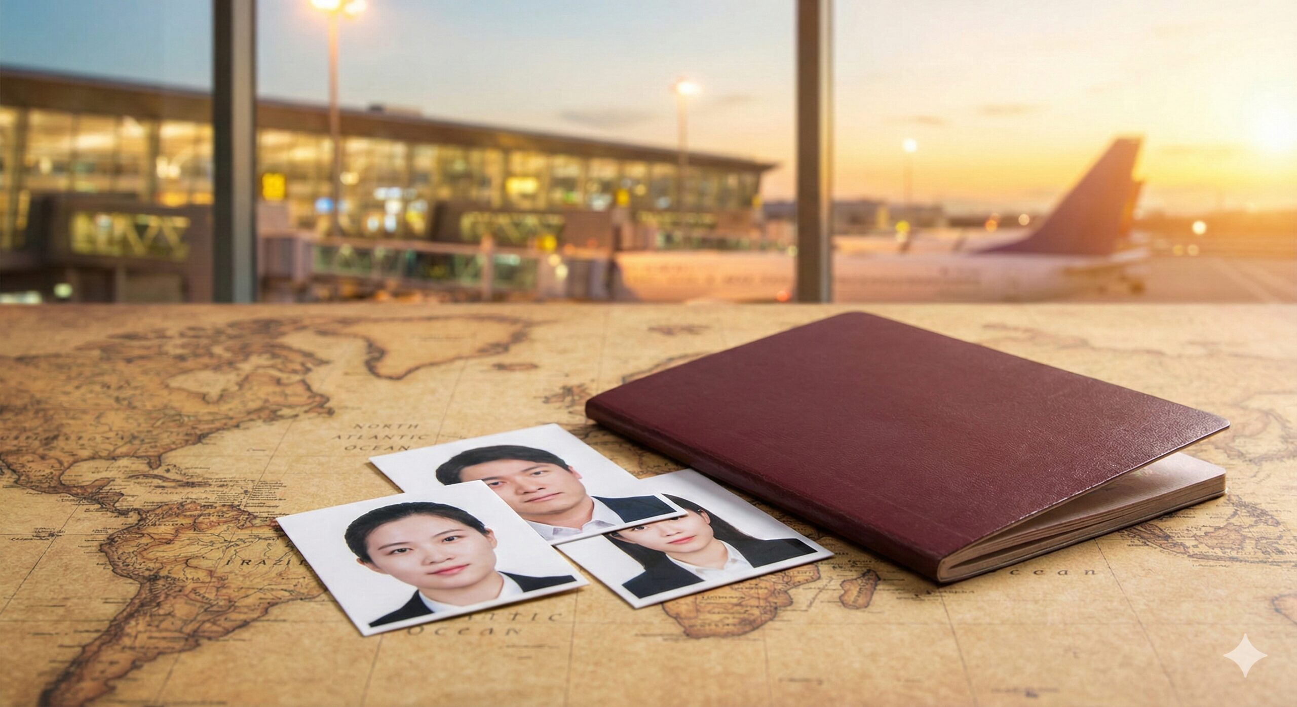 一张象征全球出行与后续服务的总结性图片。画面前景是一本合上的中国护照和几张不同规格的签证照片（如方形的美国签证照、日本签证照），错落有致地摆放在一张世界地图纹理的桌面上。背景虚化展示着机场航站楼或飞机的舷窗景色，寓意办理顺利、即将启程。色调温暖充满希望，暗示使用该工具后能顺利解决签证问题，畅行全球。