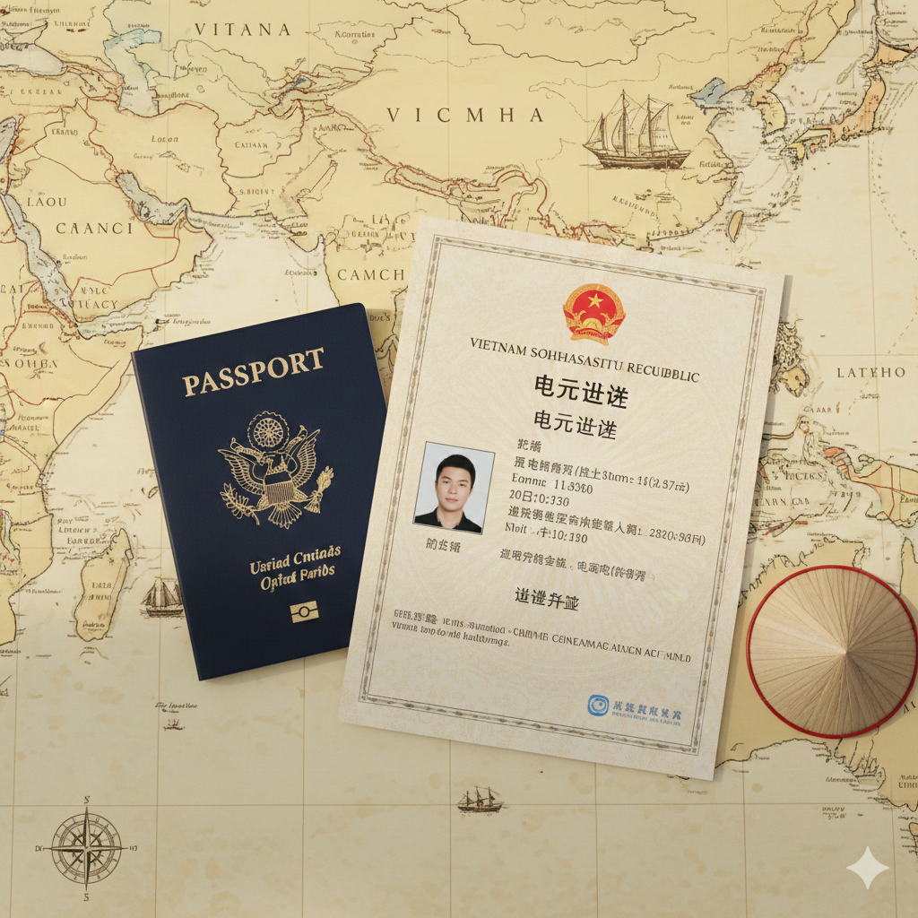 一张高质量的平铺摄影图，展示了一本深蓝色的美国护照放置在一份打印好的越南电子签证（E-visa）文件旁边，背景是一张东南亚复古地图和一只微型越南斗笠纪念品。光线温暖柔和，构图中心突出护照与签证文件的关联，直观地回答‘美国护照去越南需要签证’的问题，营造出即将开启越南之旅的期待感。