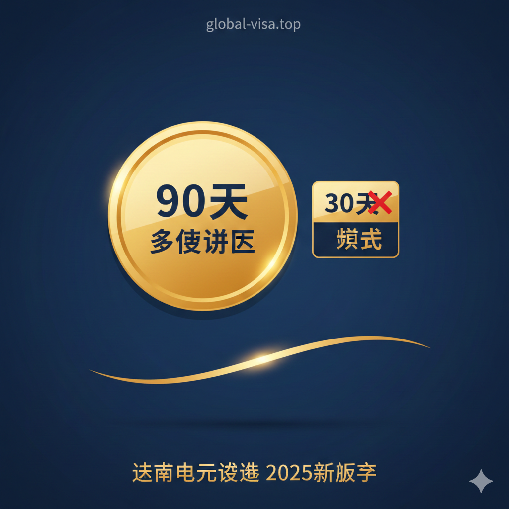 一张现代简约的信息图风格图片，旨在突出2025年最新的90天多次往返政策。画面中央是一个醒目的金色盾牌或印章图标，写有'90 Days'和'Multiple Entry'字样，旁边对比显示已过时的30天单次签证图标。配色采用专业的深蓝色与金色搭配，视觉清晰，强调电子签证的高含金量和便利性。