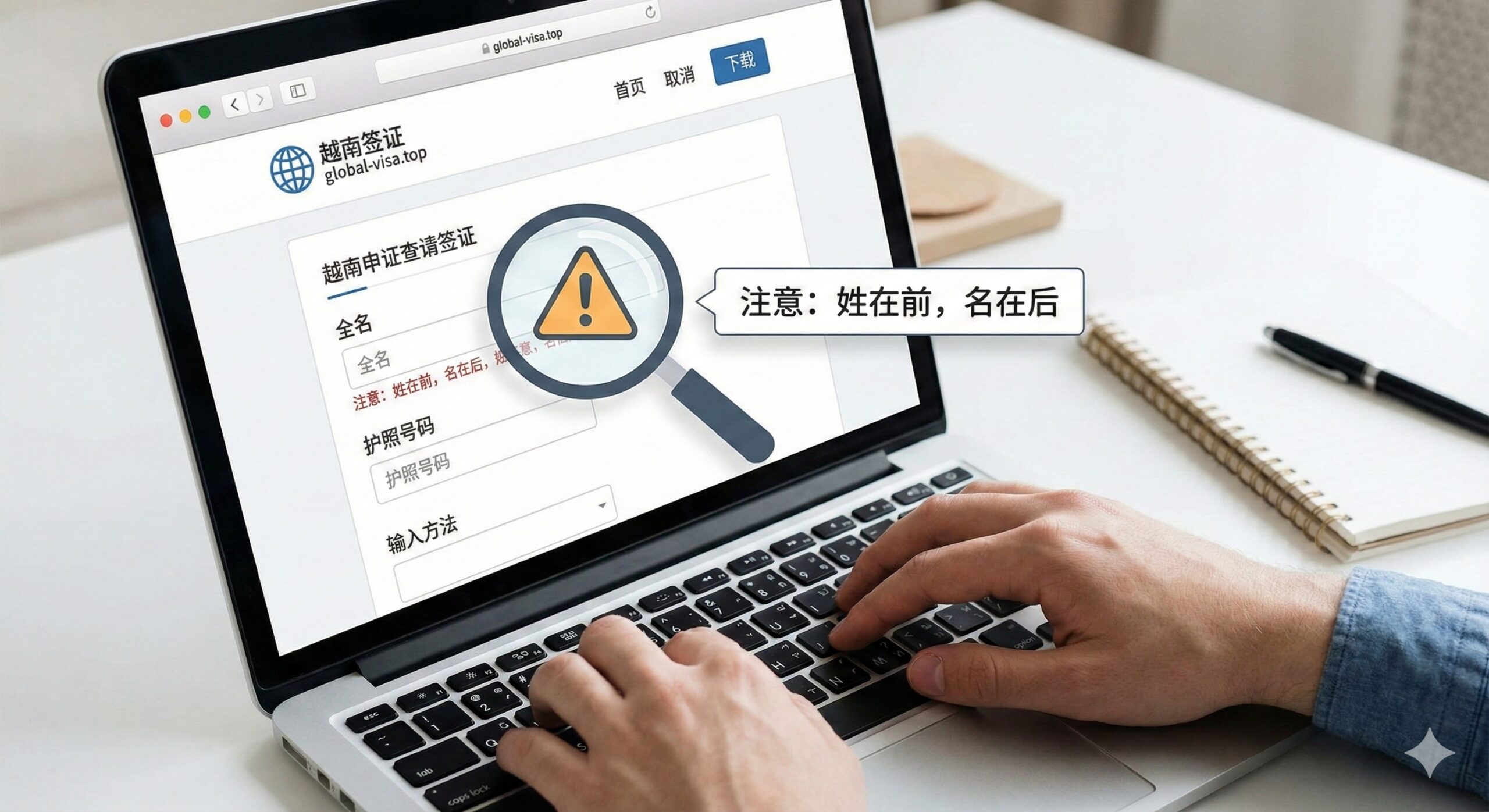 特写镜头拍摄一名用户正在笔记本电脑上填写越南移民局官网的申请表。屏幕画面清晰可见，重点聚焦在‘Full Name’（全名）和‘Passport Number’（护照号）的填写栏。画面上叠加一个放大镜或警告图标，提示用户注意‘姓在前，名在后’的填写顺序，背景为整洁的家庭办公环境，体现教程的实用性和指导性。