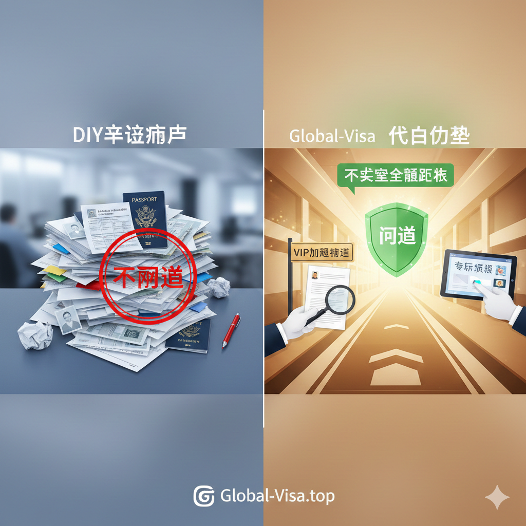 对比强烈的概念图，左侧展示DIY申请的痛点，如杂乱的文件堆和红色的'Rejected'印章；右侧展示global-visa.top的代办优势，包括整洁的VIP加急通道标志、绿色的'Approved'盾牌图标以及专家审核文件的手部特写。画面右侧使用明亮的暖色调光效，象征无忧、快速和专业的服务体验，强调'不成功全额退款'的承诺。