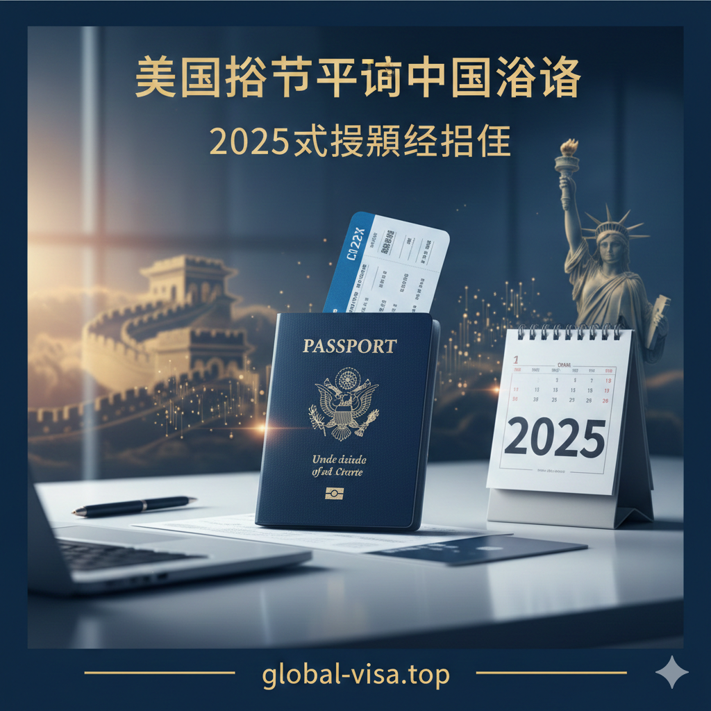 一张极具专业感和现代感的封面图，展示一本深蓝色的美国护照放置在整洁的办公桌上，护照旁有一张前往中国的登机牌和一张印有'2025'字样的日历。背景巧妙融合了模糊的长城剪影和自由女神像，象征中美跨国旅行。光线柔和明亮，色彩以商务蓝和金色为主，突显高端签证代办服务的可信赖感，构图中心突出护照，视觉上引导用户点击阅读终极指南。