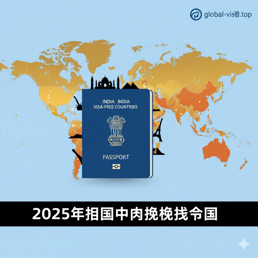 文章封面图。主体是一个风格化的全球地图,地图上用醒目的高亮暖色(如金色或橙色)标记出所有对印度护照免签、落地签或电子签的国家/地区。中心突出一个放大且带有印度国旗元素的护照,护照周围环绕着小型的世界著名地标剪影(如泰姬陵、埃菲尔铁塔、自由女神像)。整体采用现代扁平化设计,色彩明亮,主题明确,标题“2025年印度护照免签国家”以醒目的字体置于底部,营造出全球旅行和便捷通行的主题。