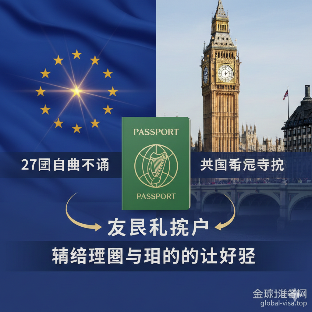 功能特性图，突出爱尔兰护照“英爱共同旅游区(CTA)与欧盟权益”的双重功能。画面采用分屏或并列构图。左侧是一个代表欧盟旗帜的蓝色背景，中央有一个闪耀的星星，下方配有“27国自由通行”的文字。右侧是伦敦大本钟或英伦风光，下方配有“英国永居特权”的文字。中间用一个连接的箭头或爱尔兰护照的图标，强调它是连接欧盟和英国的唯一钥匙，色彩鲜明，对比强烈，突出其独特性和战略价值。