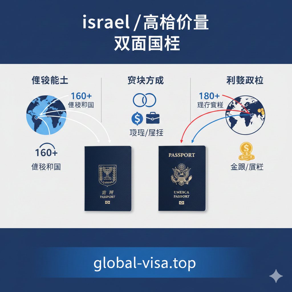 一张对比信息图，将以色列护照的优势与另一个热门护照（如美国护照）进行比较。画面主体是两本并列的护照，上方配有三组对比元素：免签能力（地球仪和路线）、获取方式（血缘符号和投资符号）、税务政策（金钱符号）。使用以色列的蓝色和白色以及对比护照的颜色（如美国的红蓝白），用数据可视化图表或图标清晰展示其独特的“高含金量”和“双重国籍”优势。
