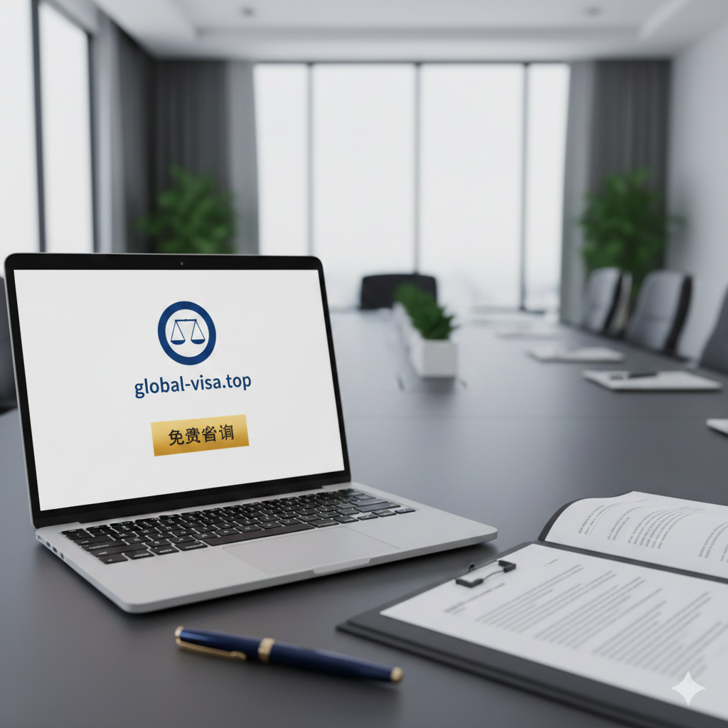 一张强调专业性和呼吁行动的图片。前景放置一台平板电脑或笔记本电脑，屏幕上显示global-visa.top的Logo和一个“免费咨询”按钮。背景是一个略微虚化的现代办公空间或会议室，暗示专业的咨询服务。旁边摆放着一支钢笔和一份文件，象征身份规划和法律文件。整体采用高品质、信任感的配色（如深蓝、白、金），旨在为文章结尾的“转化区”提供强烈的视觉引导。