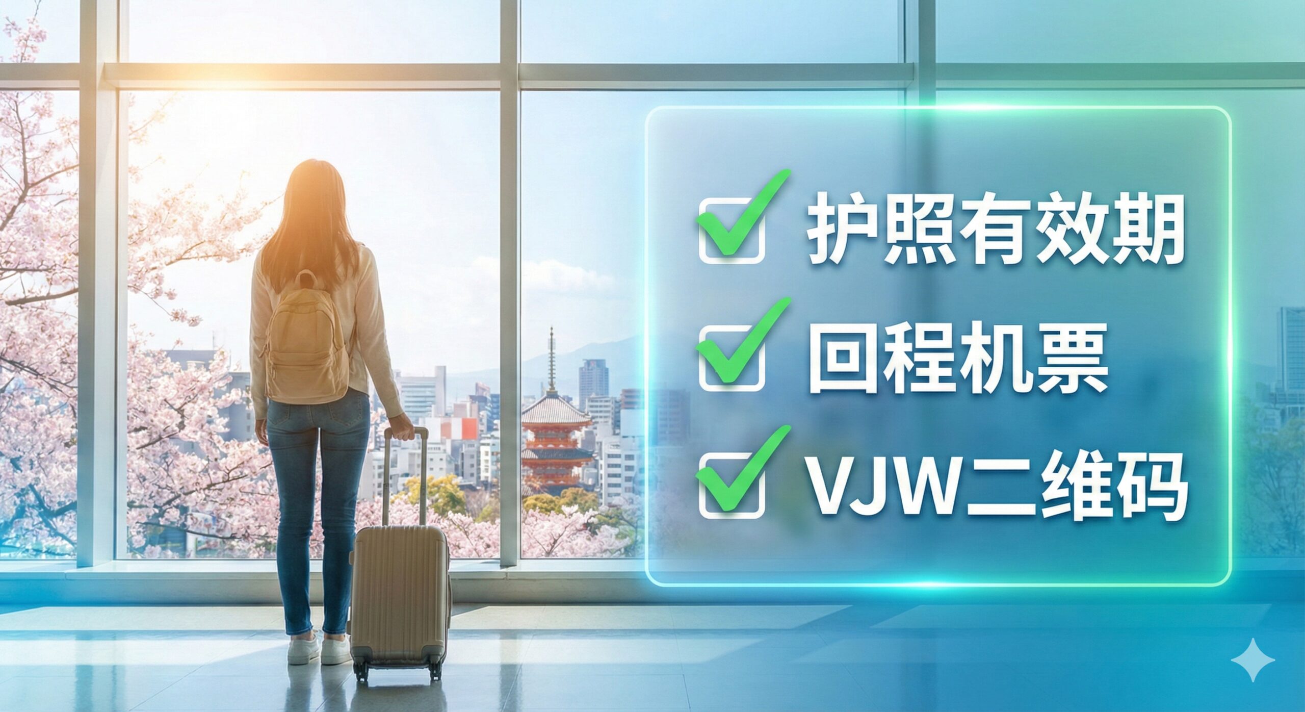 一张充满希望和正能量的旅行总结图片，画面描绘一名旅客拉着行李箱站在明亮的机场落地窗前，窗外是繁华的日本都市风景和蓝天。画面右侧半透明叠加一个已完成的“检查清单”图形，列有“护照有效期”、“回程机票”、“VJW二维码”三个打钩选项。整体色调清新自然，给予读者顺利通关的心理暗示和最终确认。