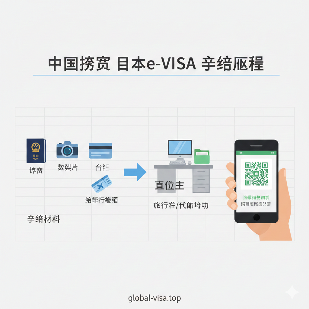 一张展示日本电子签证（e-VISA）申请全流程的扁平化插画或实拍合成图。画面左侧整齐摆放着申请材料的图标（护照、照片、身份证、机票行程单），中间通过一个箭头发给‘旅行社/代理’的办公桌图标，右侧是一只手拿着智能手机，手机屏幕上清晰显示着‘Visa Issuance Notice’（签证签发通知书）的二维码页面。背景采用科技感的浅灰色网格，强调‘电子化’和‘手机展示’的便捷性，帮助用户理解无纸化申请和入境流程。