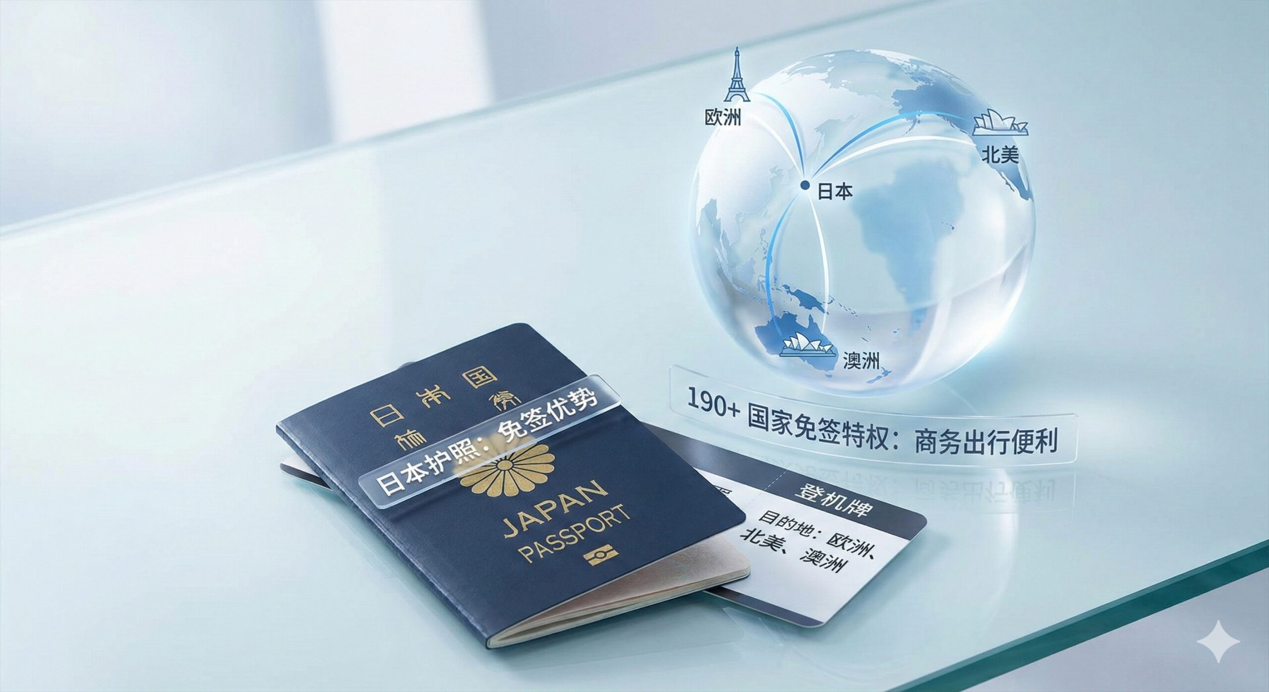 一张概念化的视觉图片，展示日本护照与国际旅行的紧密联系。画面中包含日本护照、登机牌以及一个带有连接线的地球仪，线条从日本延伸至欧洲、北美和澳洲等免签区域。采用明亮、通透的商务摄影风格，以蓝色和白色为主色调，象征着畅行无阻的190多个国家免签特权和商务出行的极度便利。