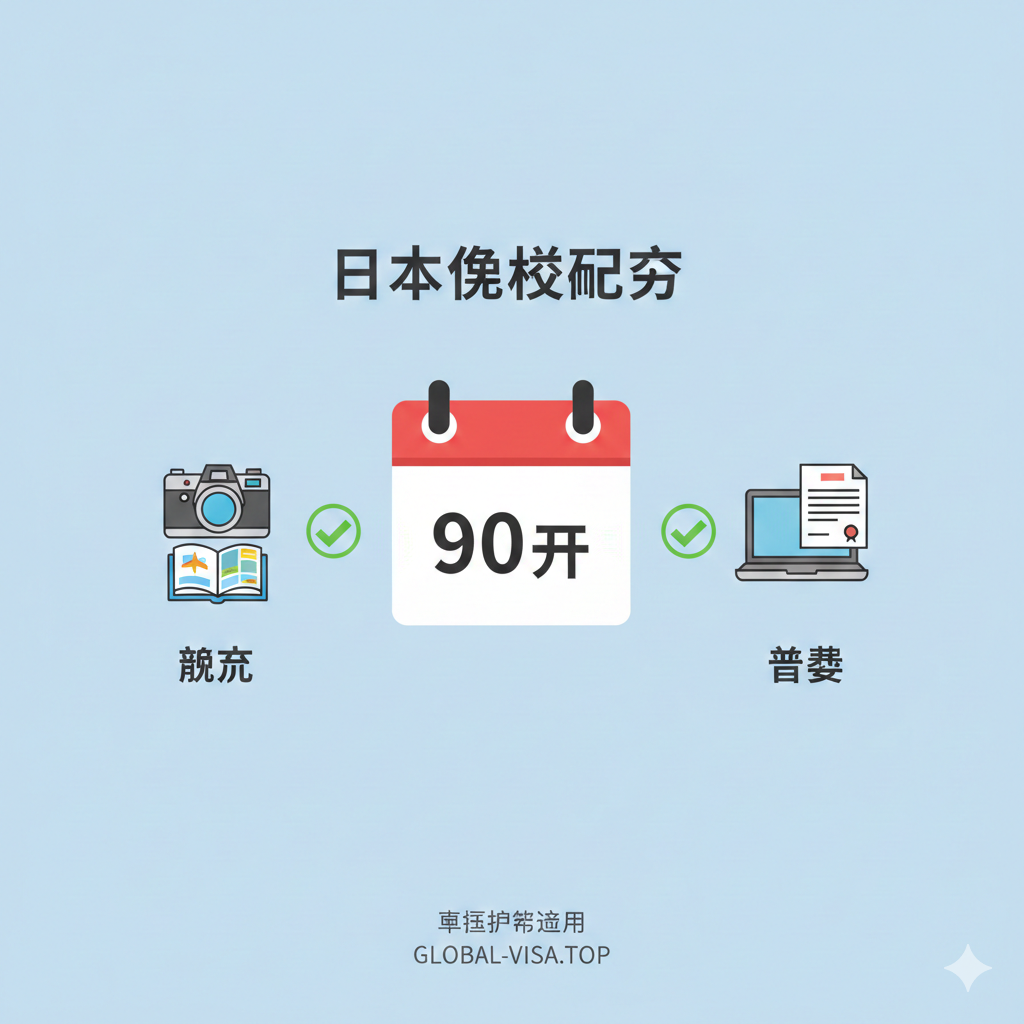 采用极简主义风格的平面设计图，画面中央是一个标有“90 Days”字样的日历图标，象征免签停留时长。左侧放置相机和旅游指南代表“观光”，右侧放置笔记本电脑和合同代表“商务”，中间用绿色对勾连接，背景为专业的淡蓝色调。图像清晰传达出免签政策同时适用于短期旅游和商务考察的概念，视觉风格严谨且信息量大。