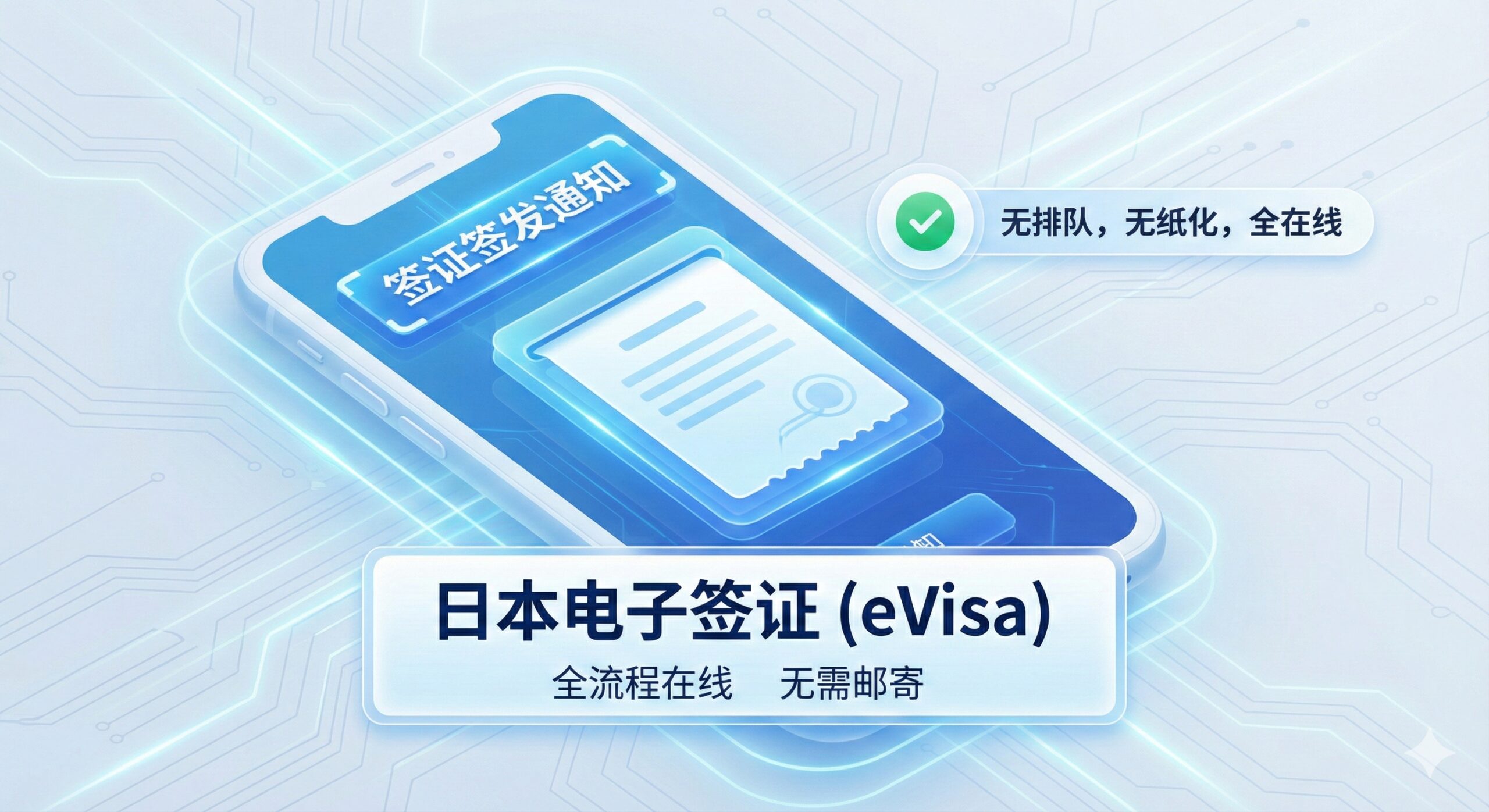 用于介绍日本电子签证(JAPAN eVISA)的功能和便捷性。图片采用明亮的科技蓝和白色调。画面主体是一个放大的智能手机屏幕，屏幕上显示着'Visa Issuance Notice'字样或一个电子签证的抽象界面。旁边是一个打着勾的“No Lines, No Paper, All Online”图标。手机下方是“日本电子签证 (eVisa)”的中文标签，突出其'全流程在线'、'无需邮寄'的特性。整体风格简洁、高效、数字化。