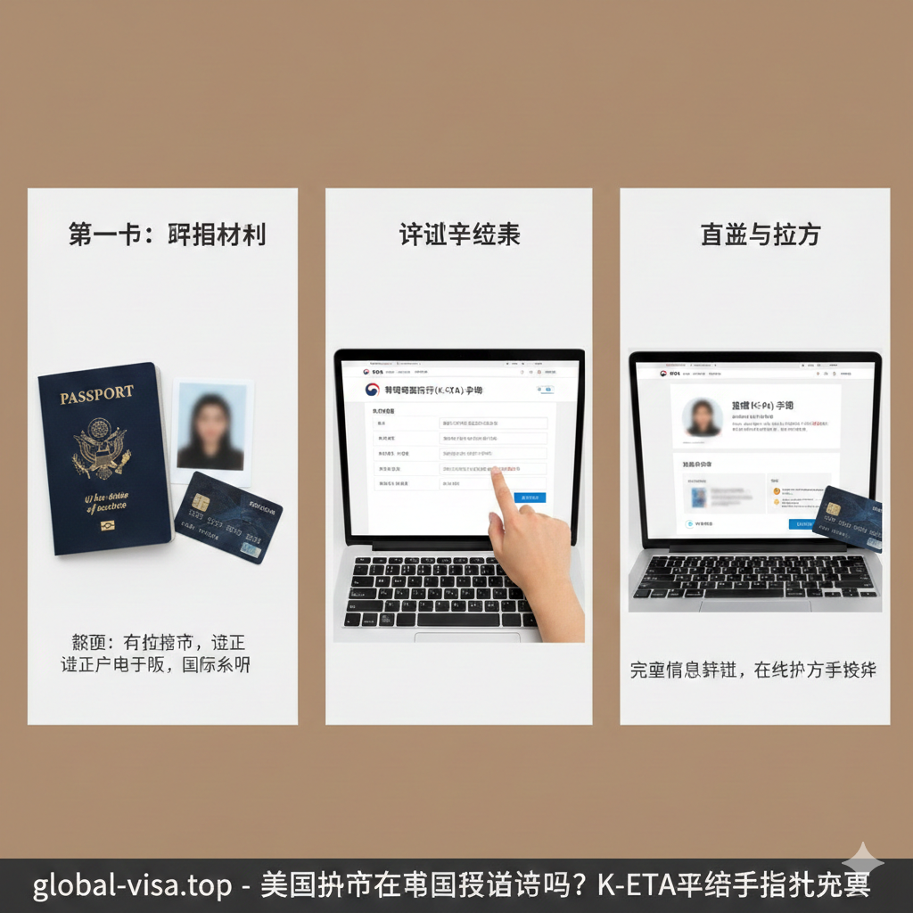 教程指导图，模拟K-ETA的申请步骤。画面应以一个俯视的视角，展示一个人正坐在笔记本电脑前操作K-ETA官方网站的界面，旁边放着美国护照、一张电子版证件照和一个信用卡（支付方式）。图片可以分割成三个小步骤的示意图，分别代表：1. 准备材料（护照、照片）；2. 填写信息（网站表单截图的模糊示意）；3. 提交并支付。使用暖色调和柔和的光线，营造出简单易操作的氛围，突出'手把手教程'的实用性。
