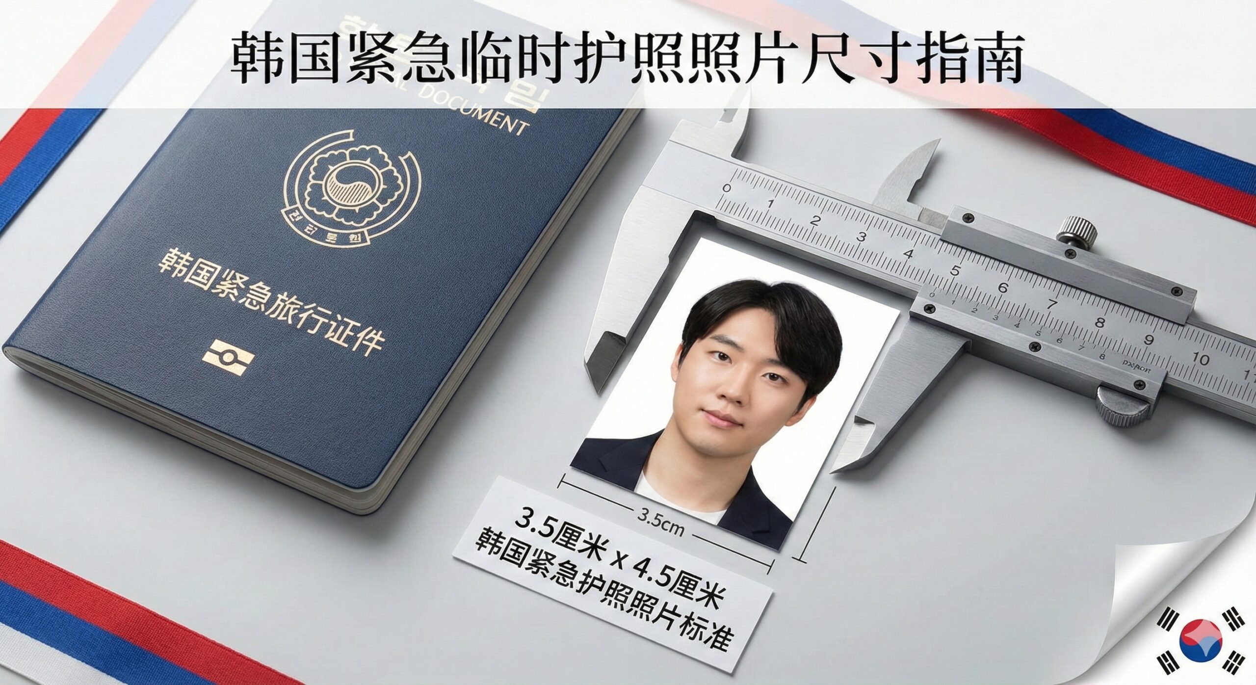 一张高品质的韩国紧急护照与证件照概念图。画面中心是一本韩国护照(或旅行证件),旁边放置着一张裁剪完美的3.5cm x 4.5cm证件照。照片旁有一把精致的刻度尺或卡尺,强调尺寸的精准性。背景为干净的纯白色或淡灰色的专业桌面,光线明亮柔和,整体色调采用韩国国旗的红蓝白配色点缀,营造出官方、严谨且紧急办理的专业氛围。