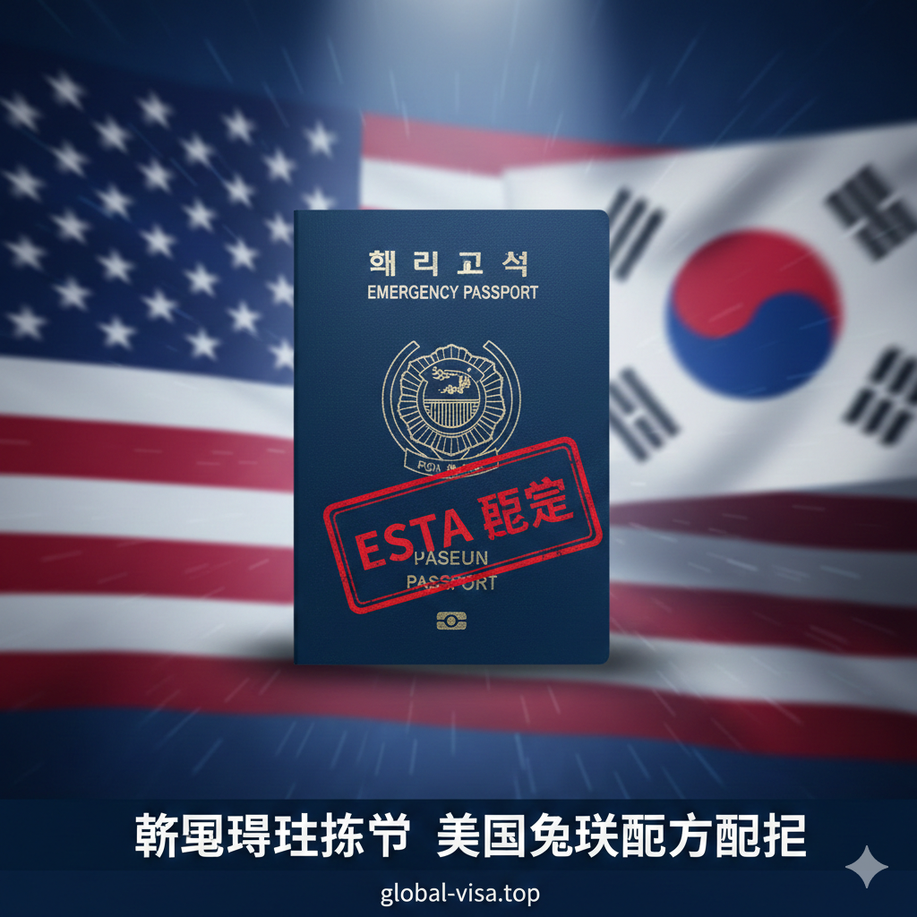 一张极具视觉冲击力的封面图，背景为模糊的美国国旗和韩国国旗交织。前景清晰展示一本韩国紧急护照（非电子护照，封面无芯片标志）被盖上红色的'ESTA REJECTED'或禁止符号印章。光线聚焦在护照封面，营造出一种警示和紧急的氛围。色彩以深蓝、红、白为主，风格专业且带有新闻报道的严肃感，直接传达紧急护照无法申请ESTA的核心信息。