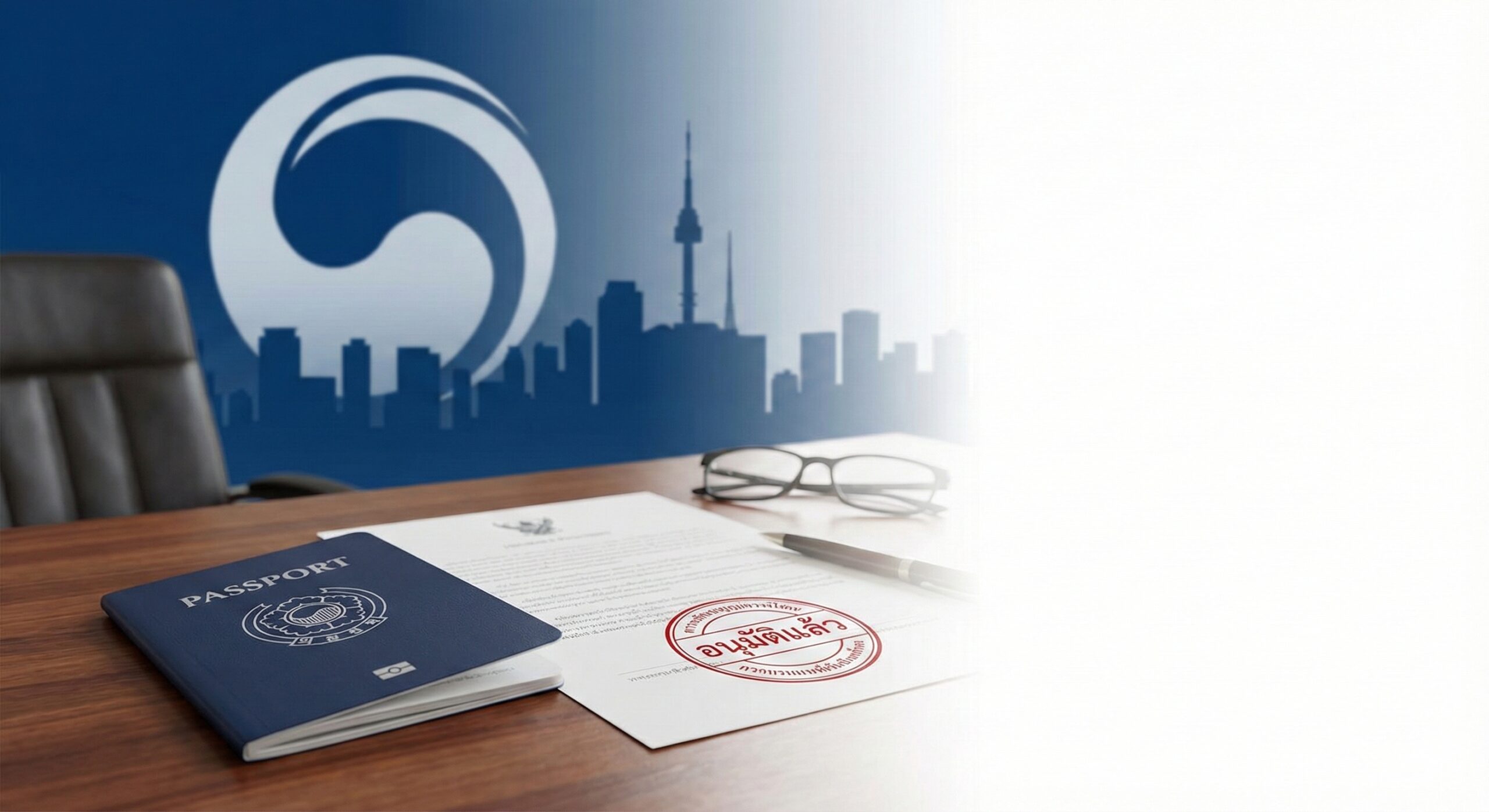 一张极具权威感的封面图片，背景融合了韩国法务部标志或首尔标志性建筑的轮廓。前景清晰地展示了一本通用的护照放置在木质办公桌上，旁边有一份盖有'Approved'印章的法律文件。整体色调采用深蓝与白色，象征法律与秩序，构图简洁大气，右侧留有负空间以便叠加文章标题。