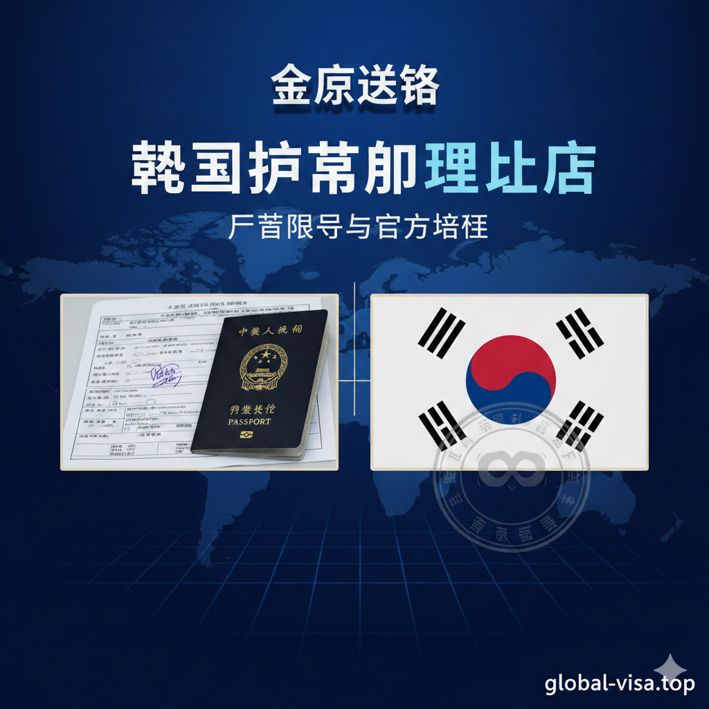 一张极具权威感的2025年官方指南封面图。画面中心采用分屏设计，左侧展示一本中国护照和填写中的签证申请表，右侧展示大韩民国国旗和官方印章纹理，明确区分'签证'与'护照'业务。背景采用高科技感的深蓝色渐变，叠加淡淡的世界地图网格。画面上方有醒目的立体文字排版，字体清晰锐利，整体风格专业、严谨，符合global-visa.top作为专业签证资讯站点的定位。