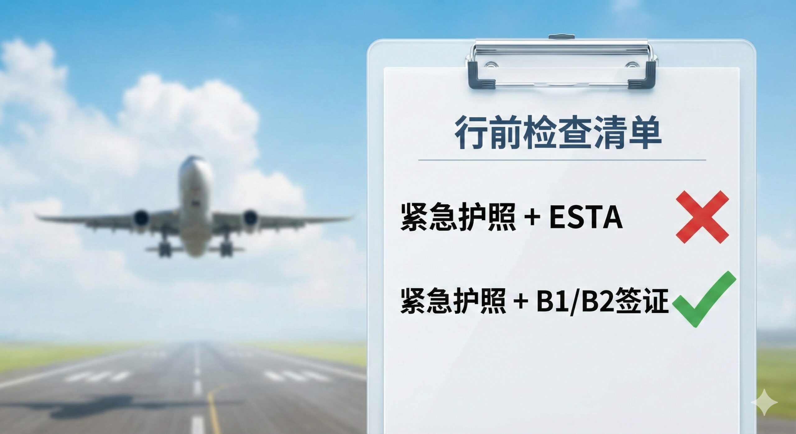 一张清晰的旅行行前检查清单概念图。画面中心是一个白色的写字板，上面列出两条路径：'紧急护照 + ESTA'旁边打着醒目的红色叉号，'紧急护照 + B1/B2签证'旁边打着绿色的勾号。背景是一架正在起飞的飞机冲向蓝天，象征着只要选对路径就能顺利出行。设计风格极简现代，字体清晰，作为文章结尾的视觉总结，强化用户的正确决策记忆。