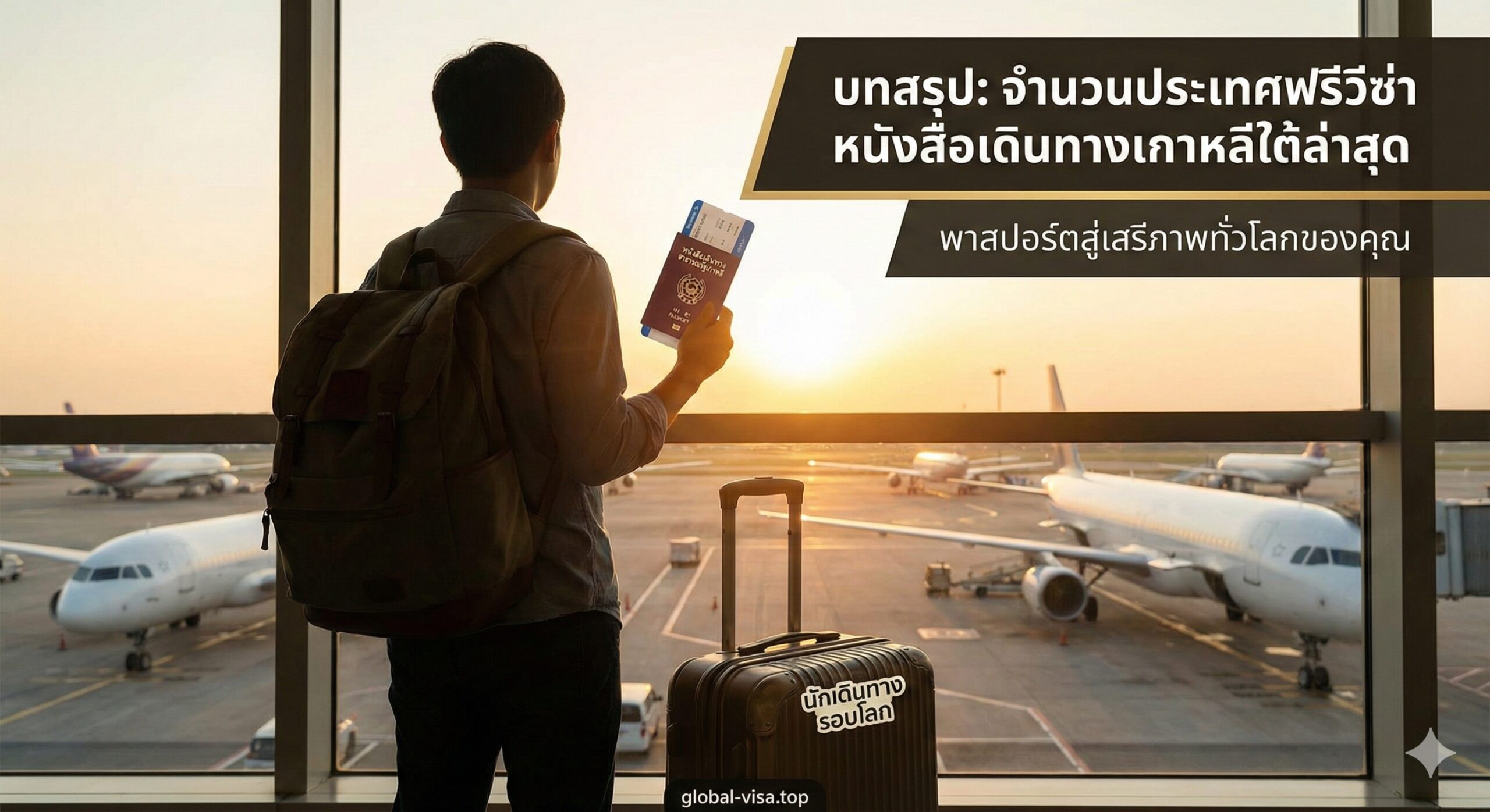 充满希望与自由感的总结性图片。画面描绘了一位旅客背对着镜头，站在宽阔的机场落地窗前凝视停机坪上的飞机，夕阳的余晖洒在身上。旅客手中紧握着韩国护照和登机牌，身旁的行李箱上贴着'World Traveler'的贴纸。图片色调温暖明亮，寓意着持有韩国护照开启的无限旅程和通往世界的自由，为文章画上完美的句号。